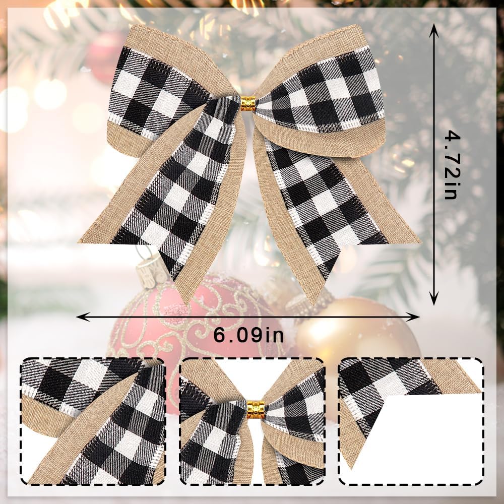ALIBBON 10 Pcs Christmas Bows for Wreath, Christmas Wreath Bows, Black White Buffalo Plaid Snowflake Bows, Wreath Ornaments Christmas Decor, Decorative Small Burlap Bows for Christmas Party Supplies