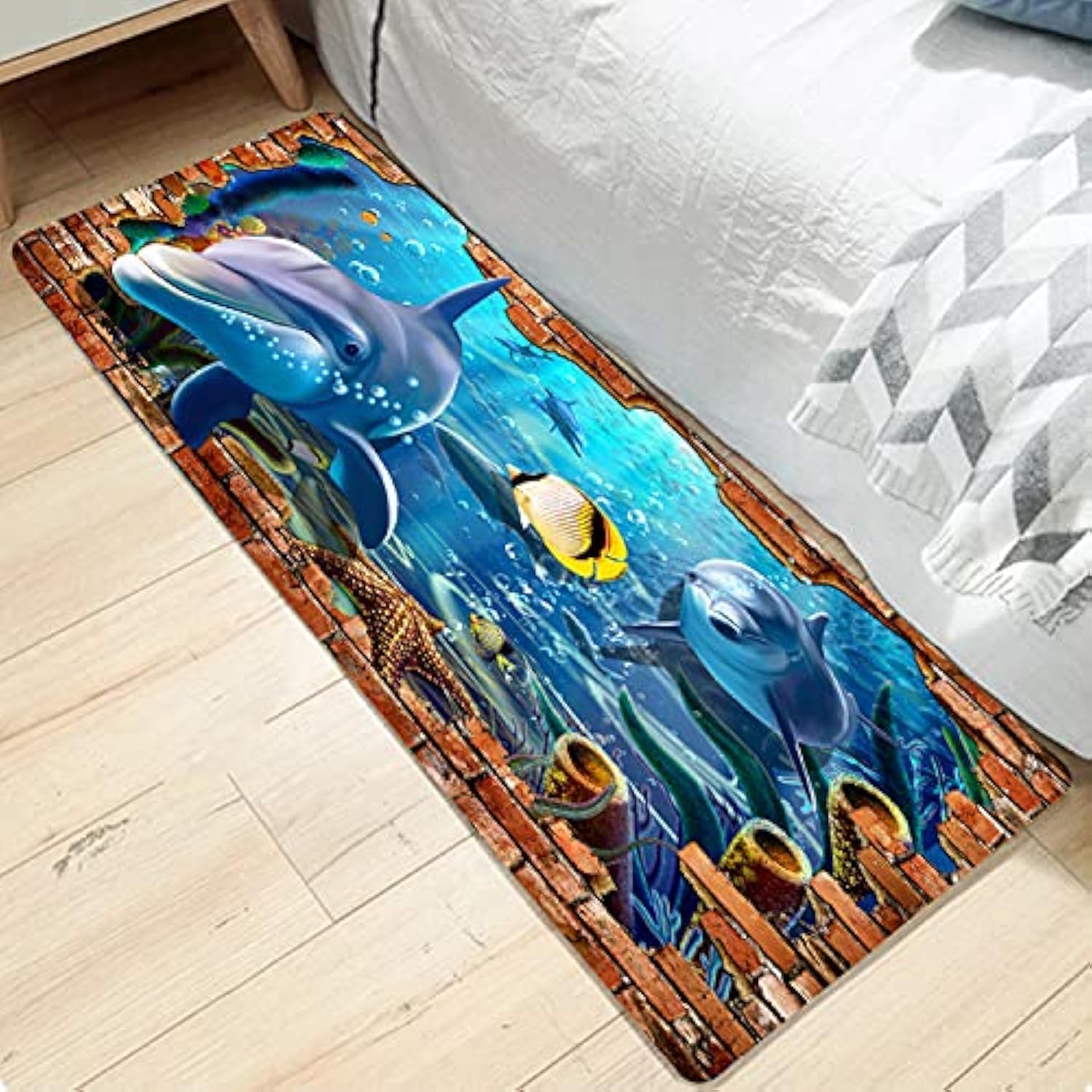 Bath Rugs Sponge Foam Soft for Bathroom and Kitchen ,Flannel Mat Non Slip Bright 3D Print for Bedside and Living Room,Clearance Mats Absorbent Moisture Dust Forlaundry Room（Ocean Brick Wall Dolphin)