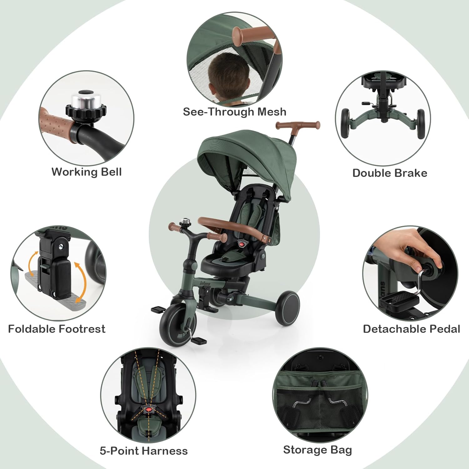 INFANS 9-in-1 Foldable Toddlers Tricycle, Converts Stroller to Balance Bike with Adjustable Push Handle, Canopy & Backrest, Pedal Conversion, Retractable Rear Wheels for 1-6 Years (Green)