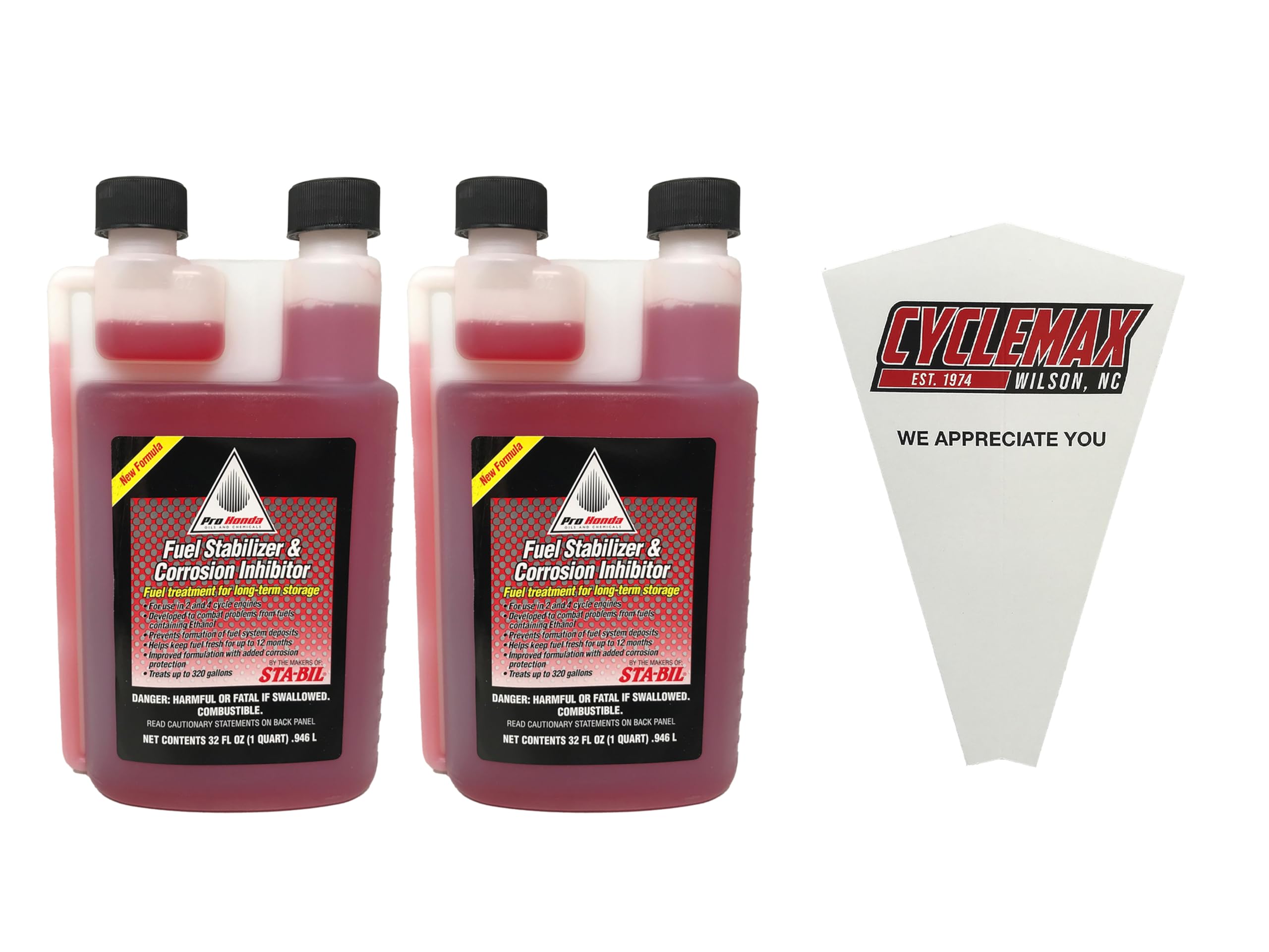 CYCLEMAX Two Pack Compatible with Honda Fuel Stabilizer & Corrosion Inhibitor 08732-3200 Contains Two 32oz Bottles and a Funnel