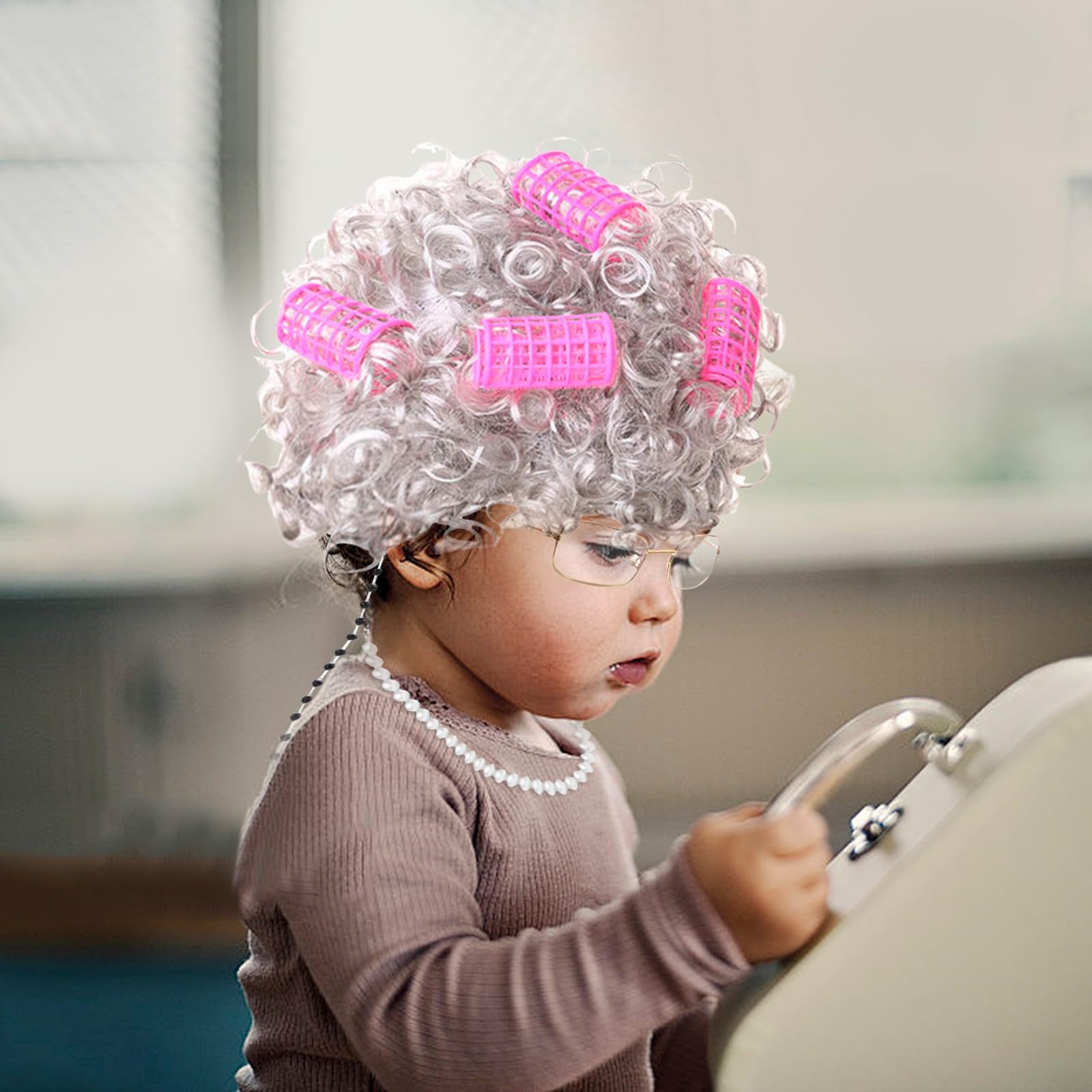 Play Activity Toy Old Lady Costume For Kids Of School Costume Granny Old Lady Wig Dress Up Accessory Curler (B, One Size)