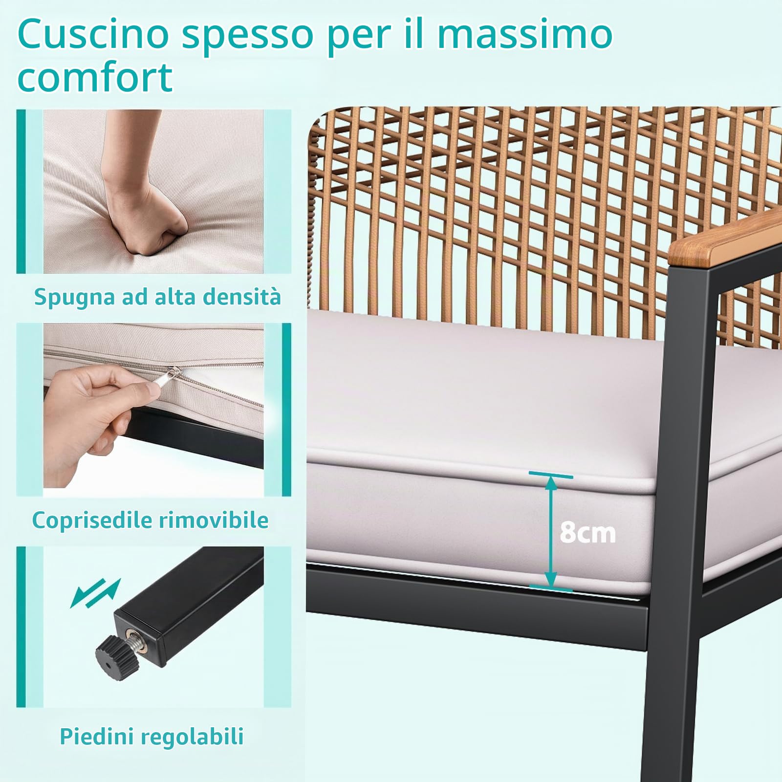 LIFERUN Panchina da giardino in rattan, sedia da giardino a 2 posti in polyrattan, panchina da esterno, resistente alle intemperie, braccioli in WPC, per terrazza, giardino e veranda, beige