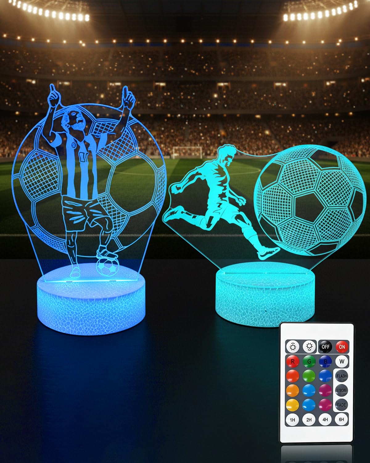 2 Pack Football Night Light, World Cup 3D Illusion Football Gifts, Remote & Touch Control, 16 Colors Change & 4 Modes, for Girl Bedroom Home Decoration, Birthday Gifts for Boys Girls