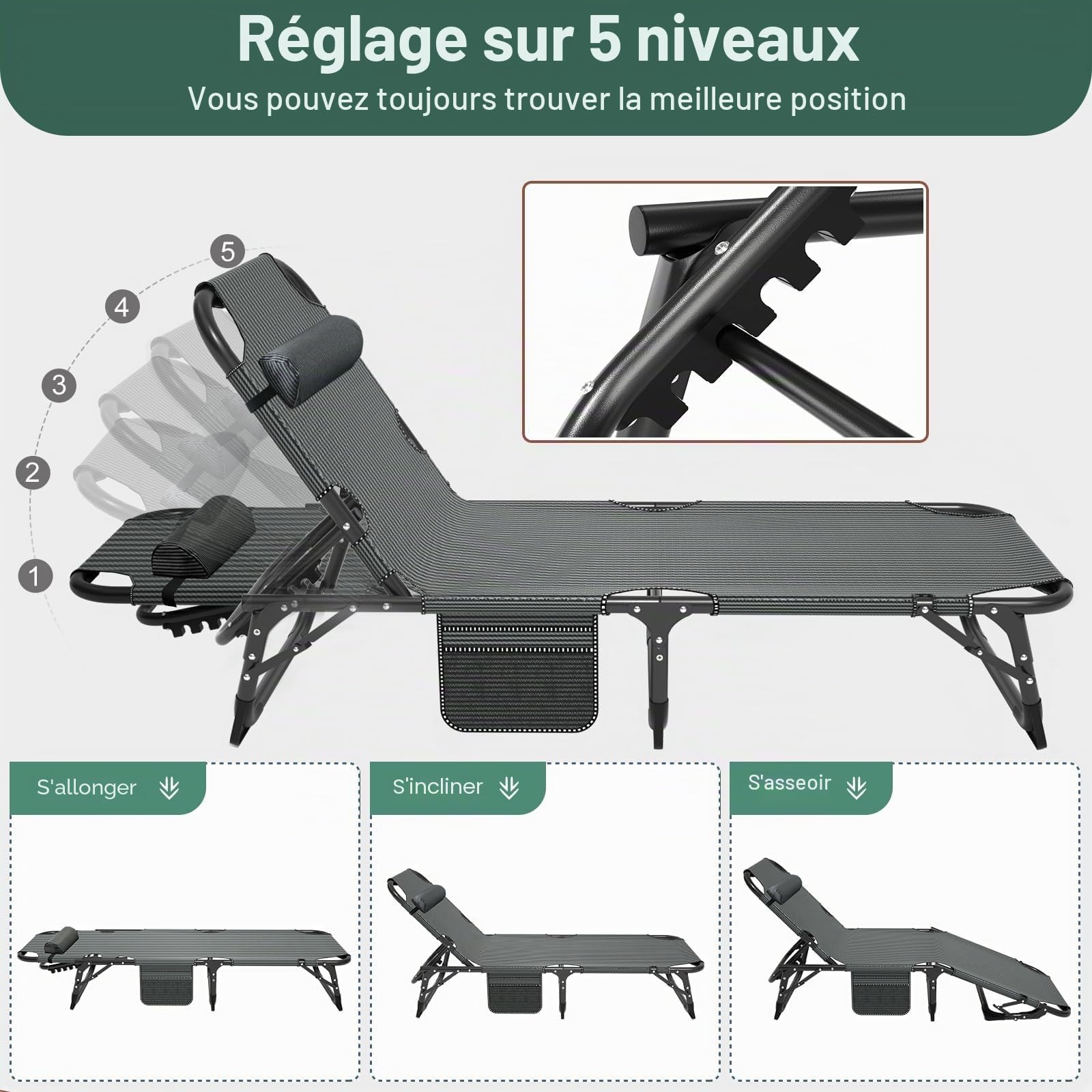 Chaise Longue Jardin Exterieur Pliable 200 kg, Bain de Soleil