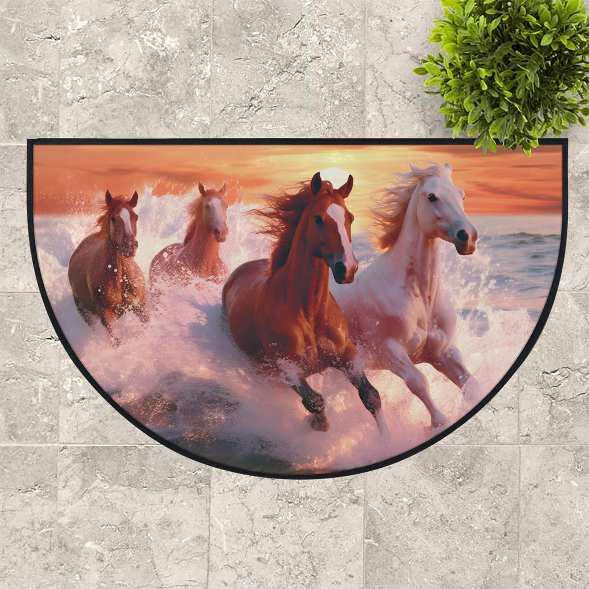 Mexpekil Paillasson demi-rond antidérapant lavable en demi-lune - Motif cheval - Coucher de soleil - Pour intérieur et extérieur - 100 x 160 cm