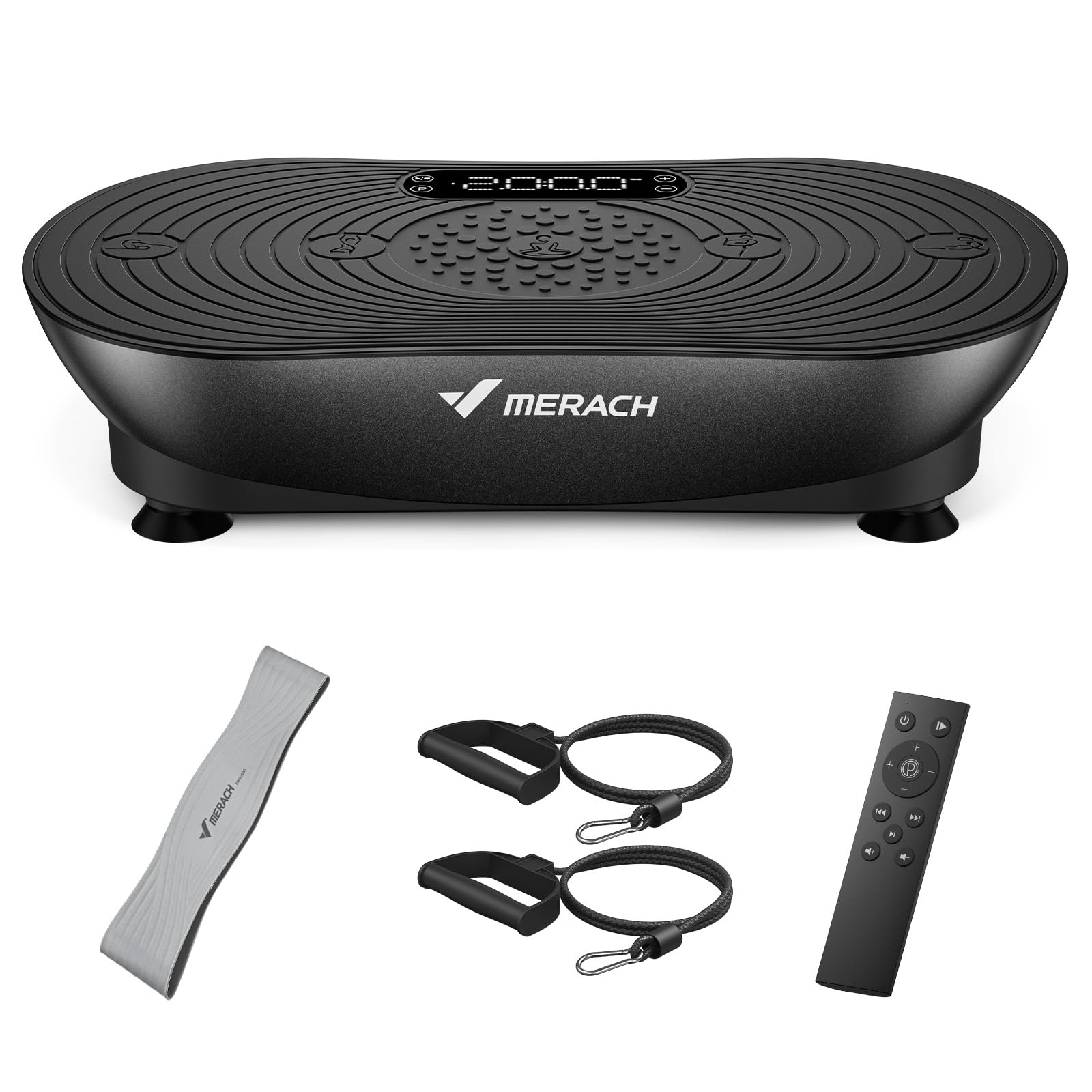 MERACH Vibrationsplatte Für Training Und Körperformung, Mit 99 Geschwindigkeitsstufen, Integriertem Bluetooth-Lautsprecher, Led-Touchscreen Und Elastischen Zugschnüren