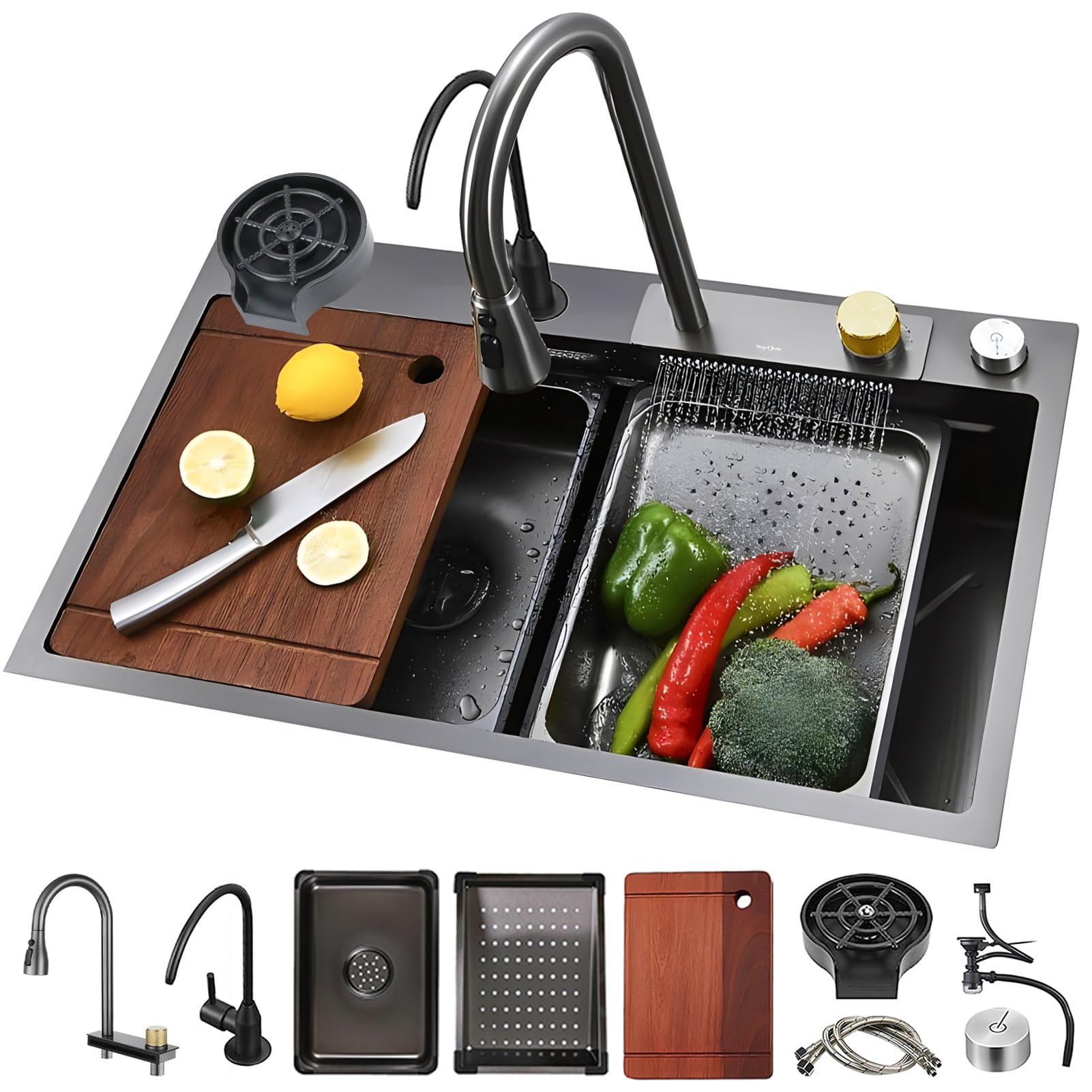 YADZISW Large Capacity Single Bowl Stainless Steel Kitchen Sink - Full Workstation Design with Waterfall Faucet & Accessories for Effortless Cooking and Cleaning