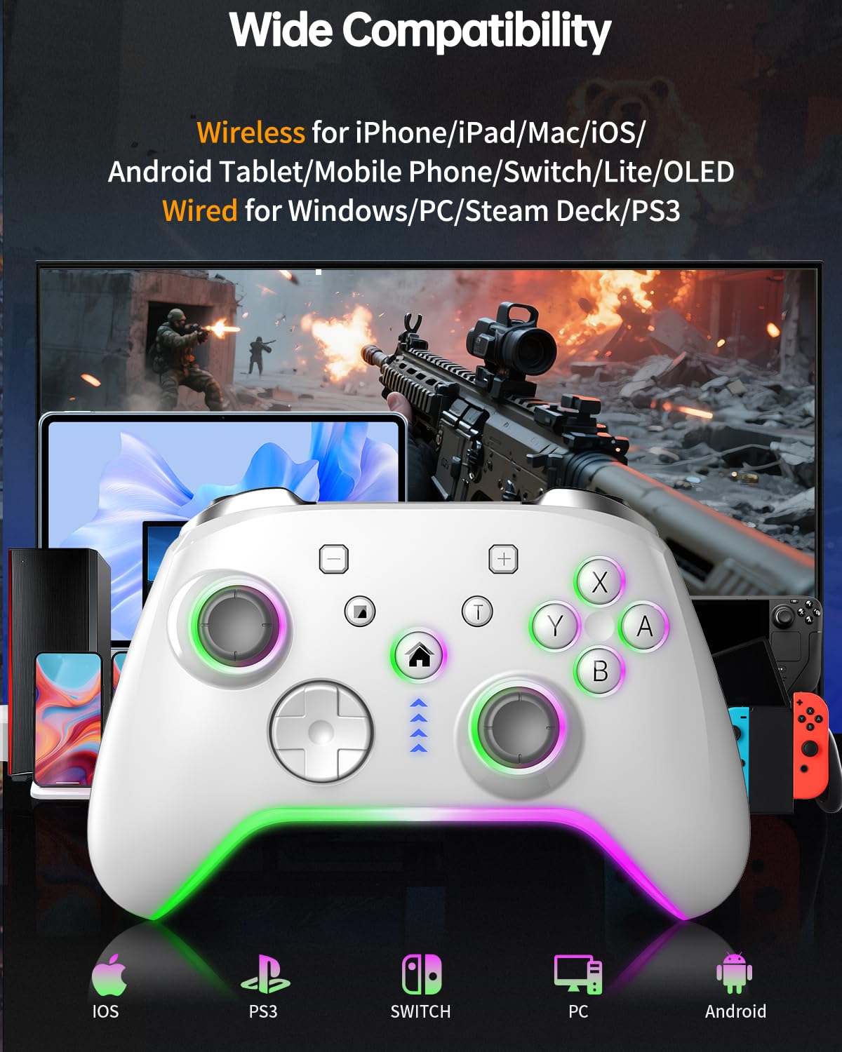 Bcofo Wireless Mobile Gaming Controller for iPhone/Android/Switch/Laptop, Wired Control for PC/Steam, Programmable Game Gamepad with Phone Clip for Gamer, with RGB Lighting/Turbo/Vibration (Gray)