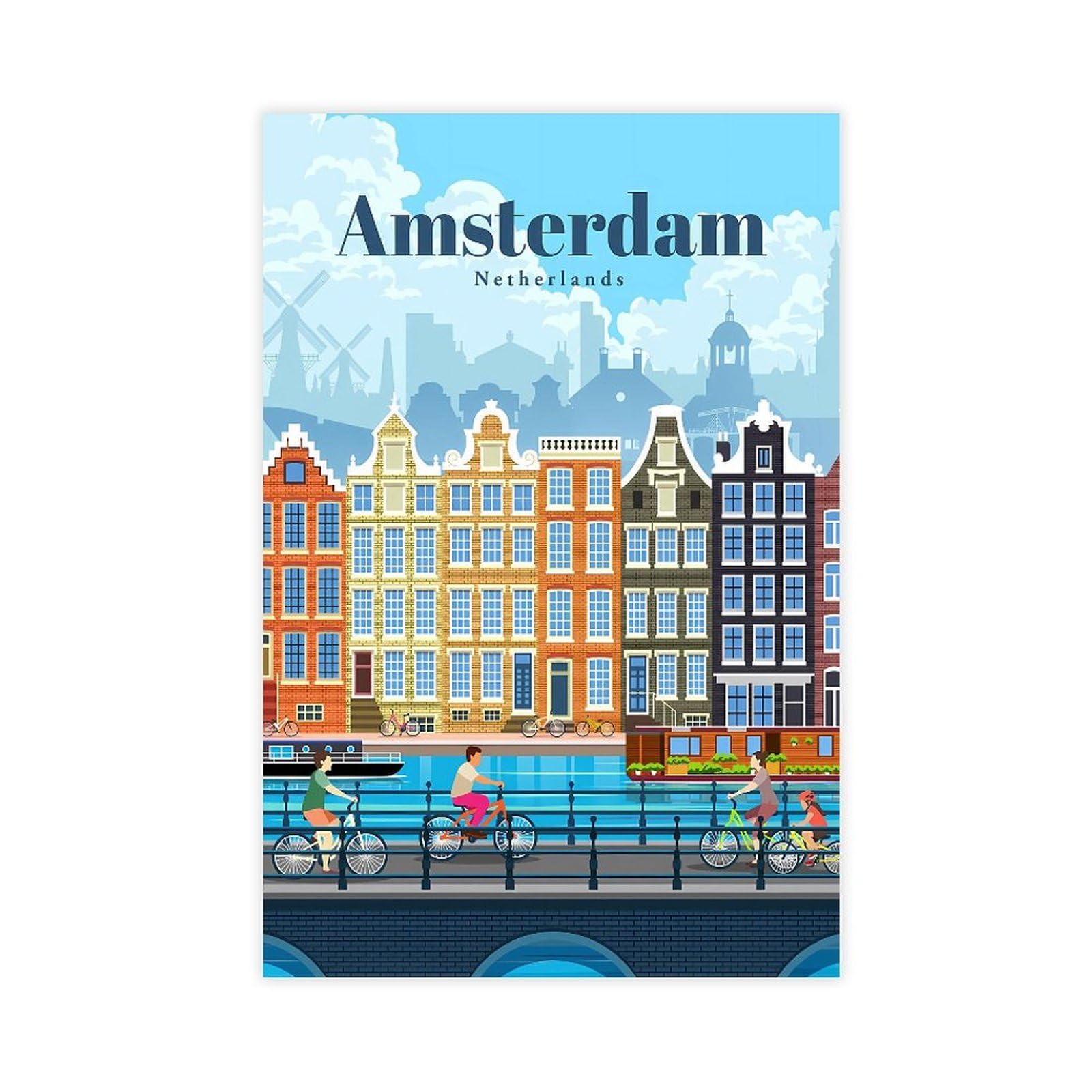 QNVJQKDSI Amsterdam Travel Vintage Canvas Poster Bedroom Decor Landscape Office Room Decor Gift 12" L X 18" W