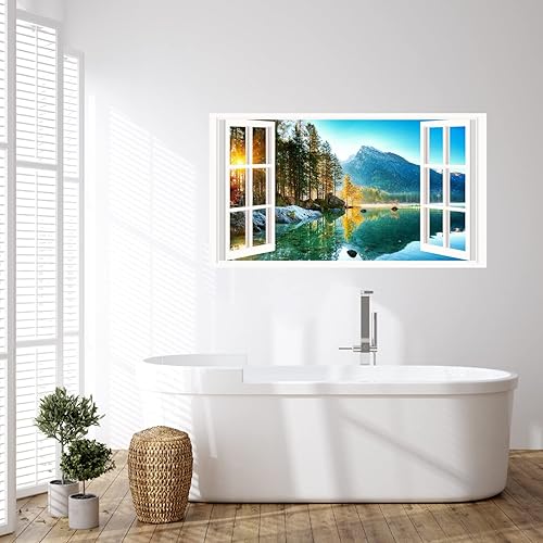Miniatura 8 de Calcomanías 3D de pared de lago de montaña, calcomanía de ventana de lago bosque, impermeable, extraíble, PVC, para decoración de sala de estar y