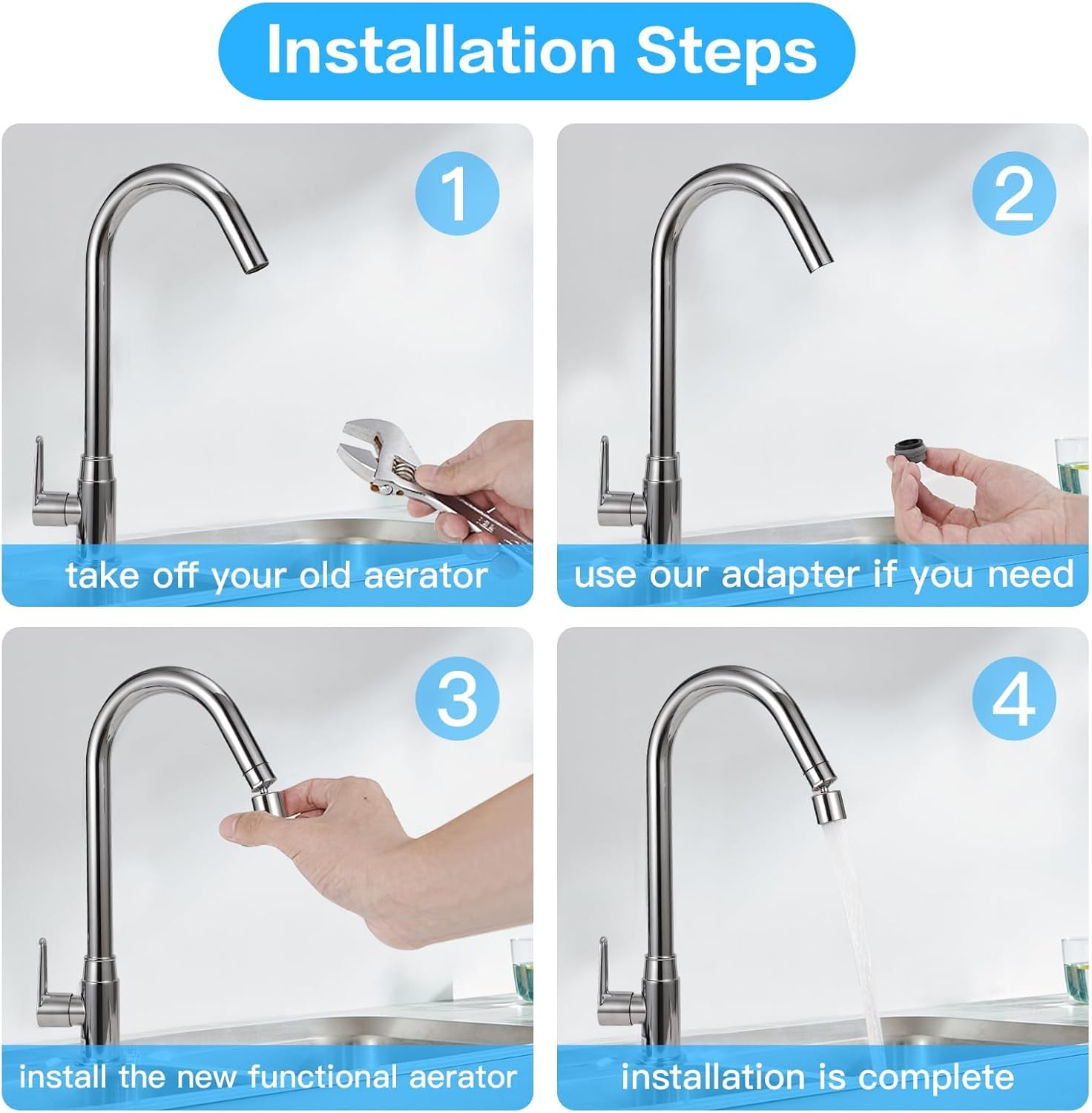 Kitchen Sink Faucet (Upgraded), 360° Swivel Kitchen Faucet Aerator, Dual-function 2-Flow Sprayer Faucet Head Replacement, Sink Attachment For Faucet Include 55/64 Inch Female Thread (Chrome1)