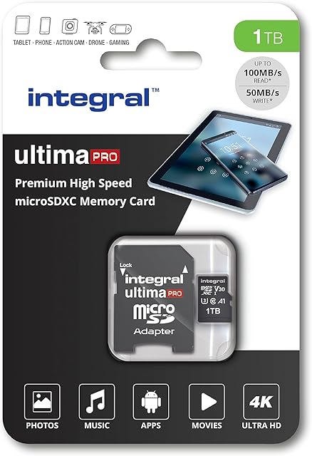 Integral 1TB Micro SD Card 4K Video Premium High Speed Memory Card SDXC Up to 100MB s Read Speed and 50MB s Write speed V30 C10 U3 UHS-I A1
