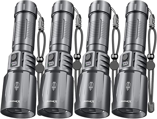 Paquete de 4 linternas LED recargables de alta potencia, 5 modos, linterna táctica súper brillante con enfoque ajustable, pantalla de alimentación