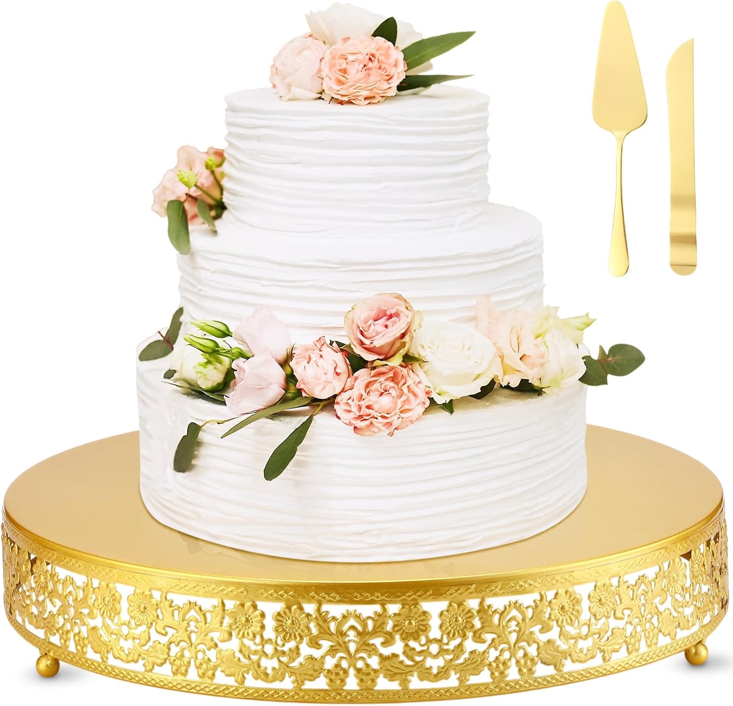 Wenqik 16 Inch Cake Stand Set Gold Wedding Cake Dessert Round Stand with Cakes Cutting & Spatula Candy Table Display for Party Wedding Birthday Baby Shower Housewarming Anniversary Celebration