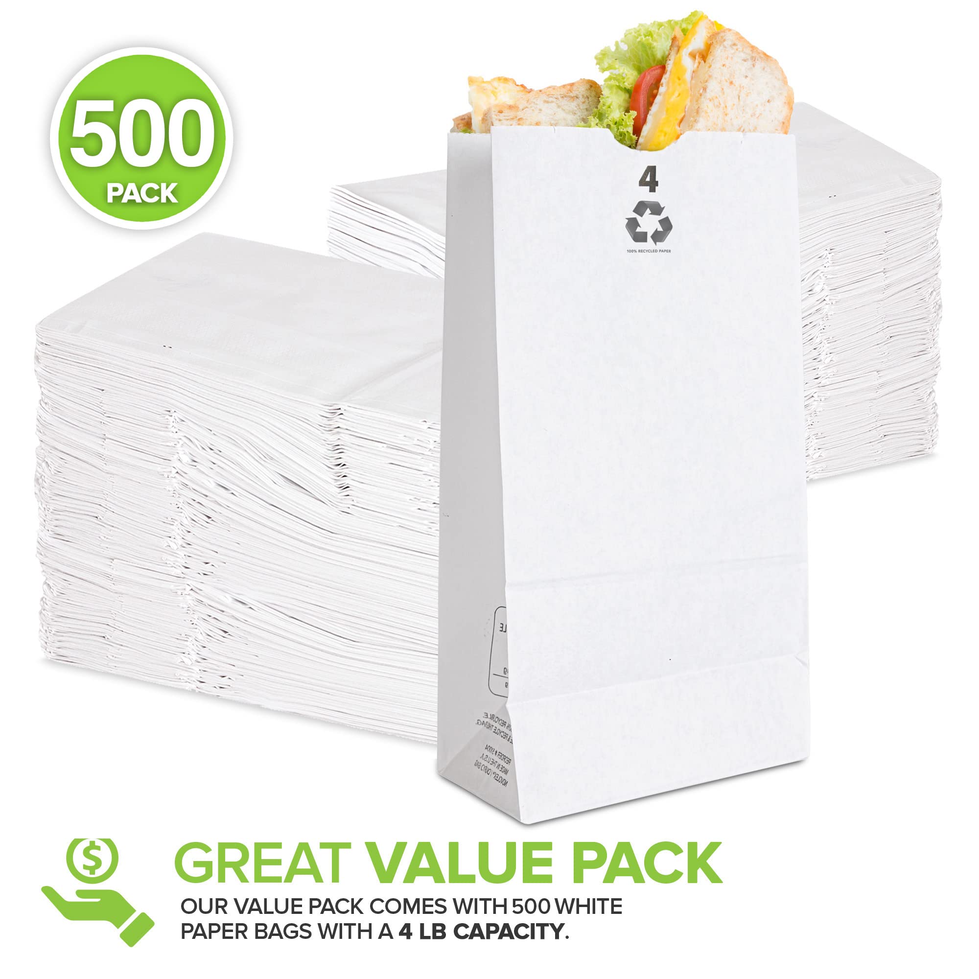 4lb White Paper Bags, Pack Of 500 - Lunch Bags, Holiday Cookie Bags, Eco-Friendly Craft Bags