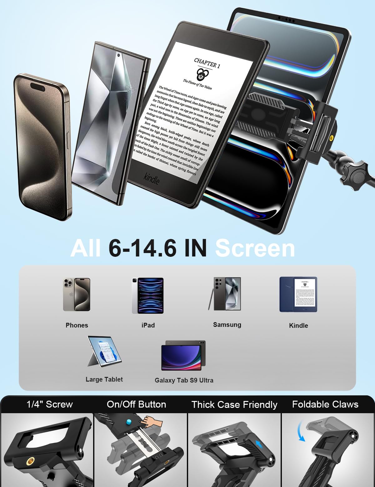 Supporto Tablet Cucina Scrivania - Adatto per Tavolo e Mobile | Supporto Tablet Banco con Braccio Metallico Regolabile per iPad Pro 12.9 Air Mini, Galaxy Tab Ultra, Switch, 6-14.6"