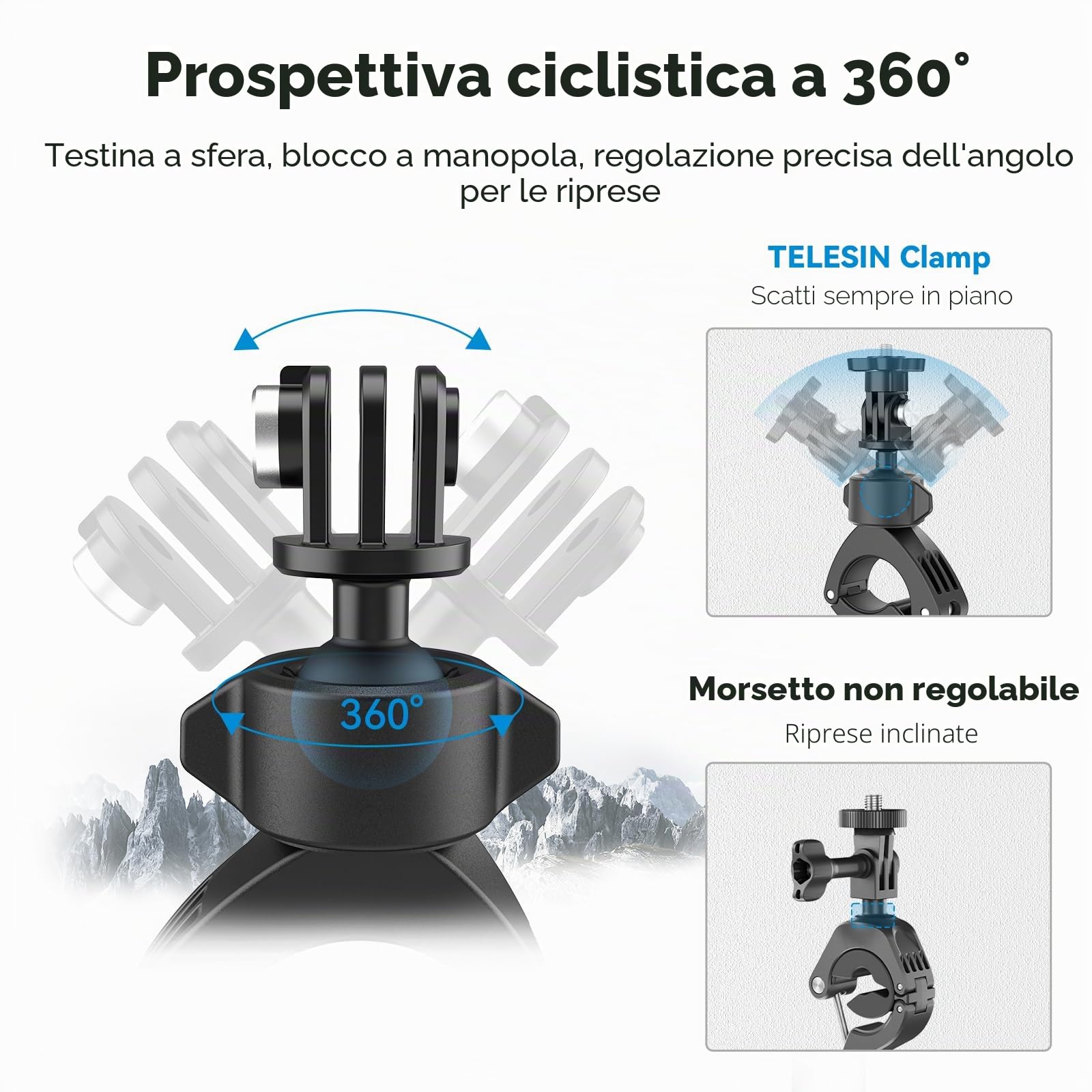 AFAITH Supporto Manubrio Moto Bici per Gopro Hero 12 11 10 9 8 7 6, 360° Ruotabile Leggero Moto Supporto Tubo Morsetto per Insta360 Action Cameras