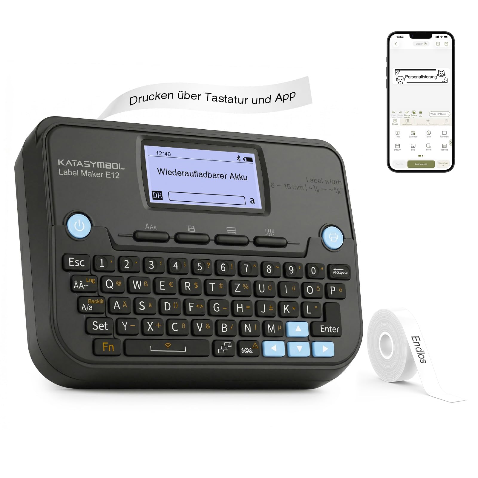 SUPVAN E12 Etikettendrucker, QWERTZ-Tastatur & Bluetooth, 1 Rolle, schwarz | Beleuchtetes LCD Display, wiederaufladbar, QWERTZ-Tastatur mit Umlauten, vielseitige App, für Büro, Küche, Schule & DIY