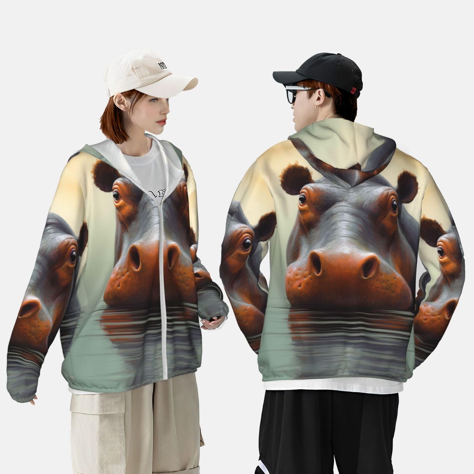 NONHAI Men's Sun Protection Jacket UPF 50+ Full Zipper Long Sleeve UV Hoodie Shirt Hippo Hippo Women's Outdoor Jacket Black