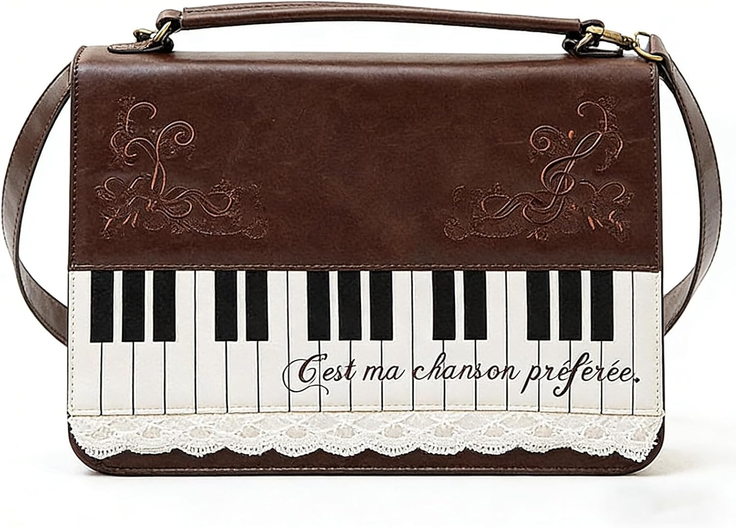 Vintage Piano Keyboard Crossbody Bag, Retro Brown Faux Leather Shoulder Bag with Lace and Music Note Embroidery, Fashion Top Handle Satchel Purse for Women