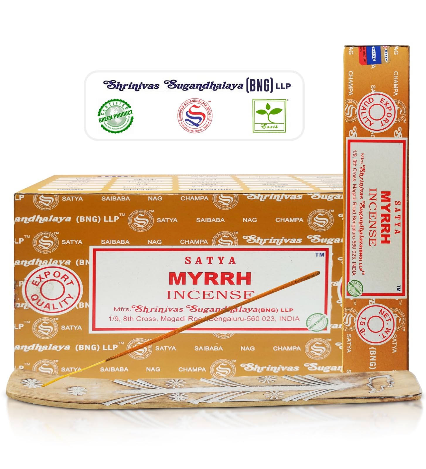 Satya Myrrh Incense Sticks, Satya 15gmx12 Pack with Raajsee Incense Holder Bundle, Satya Nagchampa Natural Incense
