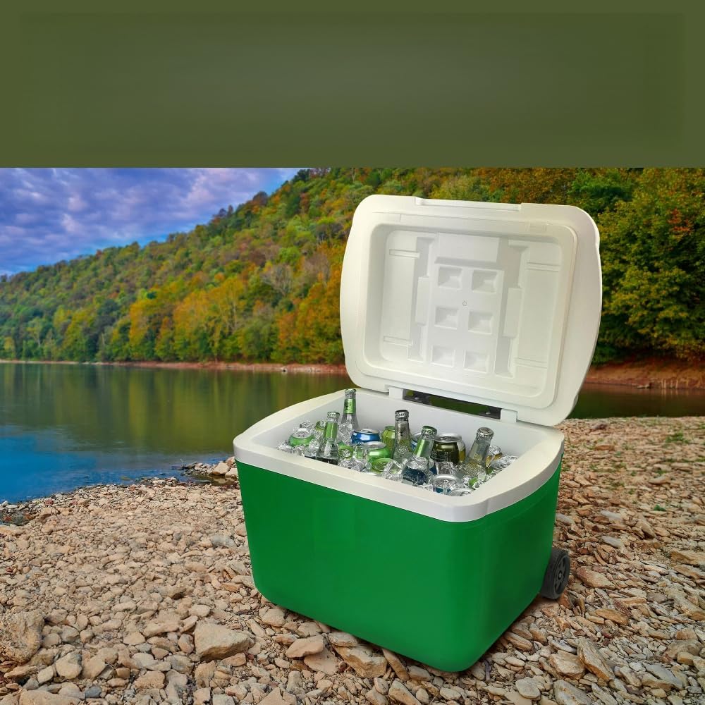 30 Quart Wheeled Hard Side Cooler, 42 Can Capacity Portable Ice Chest with Telescopic Handle & Cup Holders for Outdoor Camping