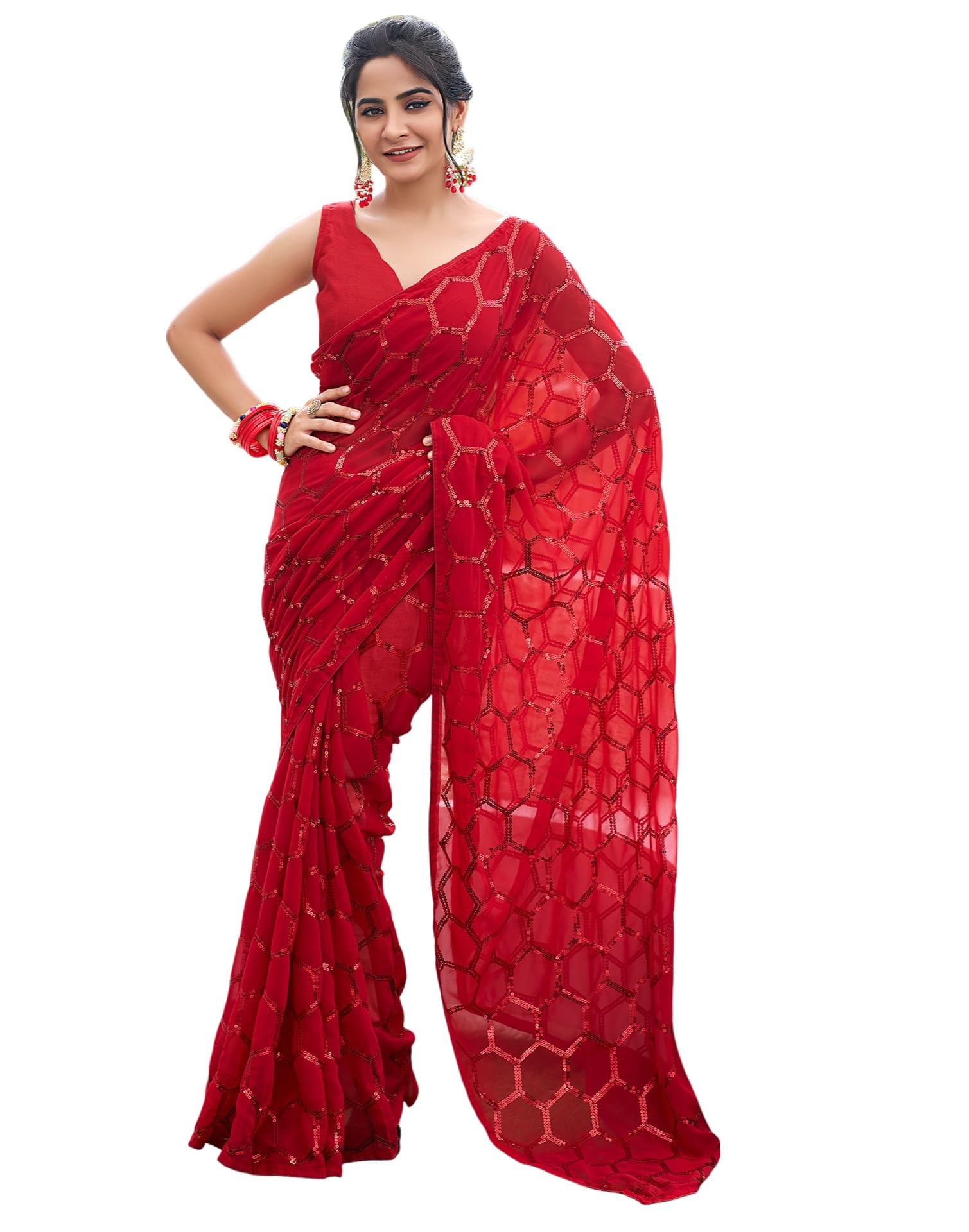 Women's Piping & Sequence Embroidery Georgette Saree with Unstitched Blouse Piece-image-19
