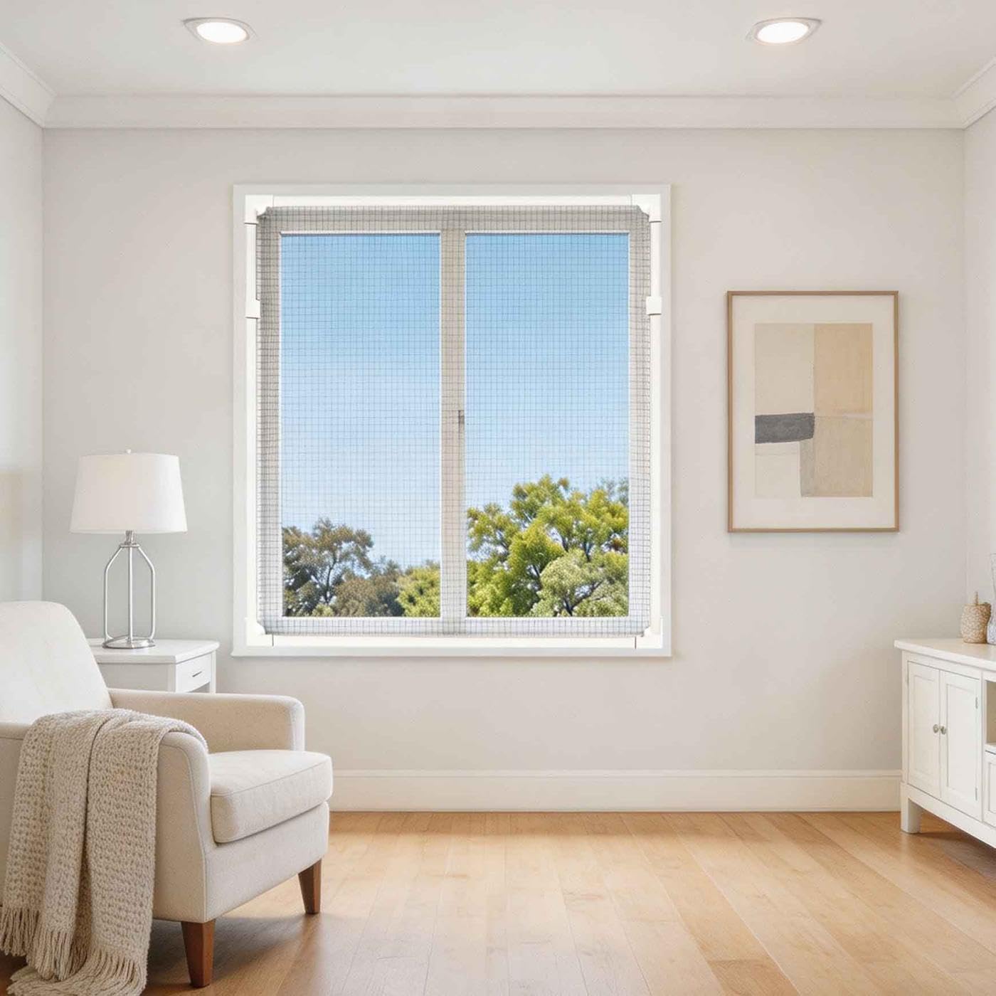 Magnetic Window Screen DIY Adjustable Window Mesh Screen Replacement Window Net Fits up to 59"x 61" White Frames with Fiberglass Mesh