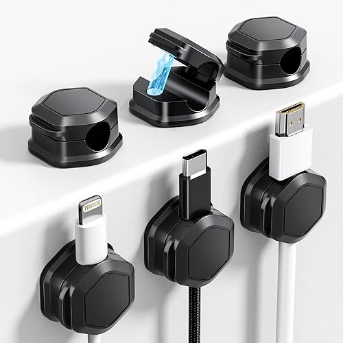 Paquete de 6 clips magnéticos para cables cable ajustable suave Organizador de cables - Soporte de alambre adhesivo Cuworlis para debajo del