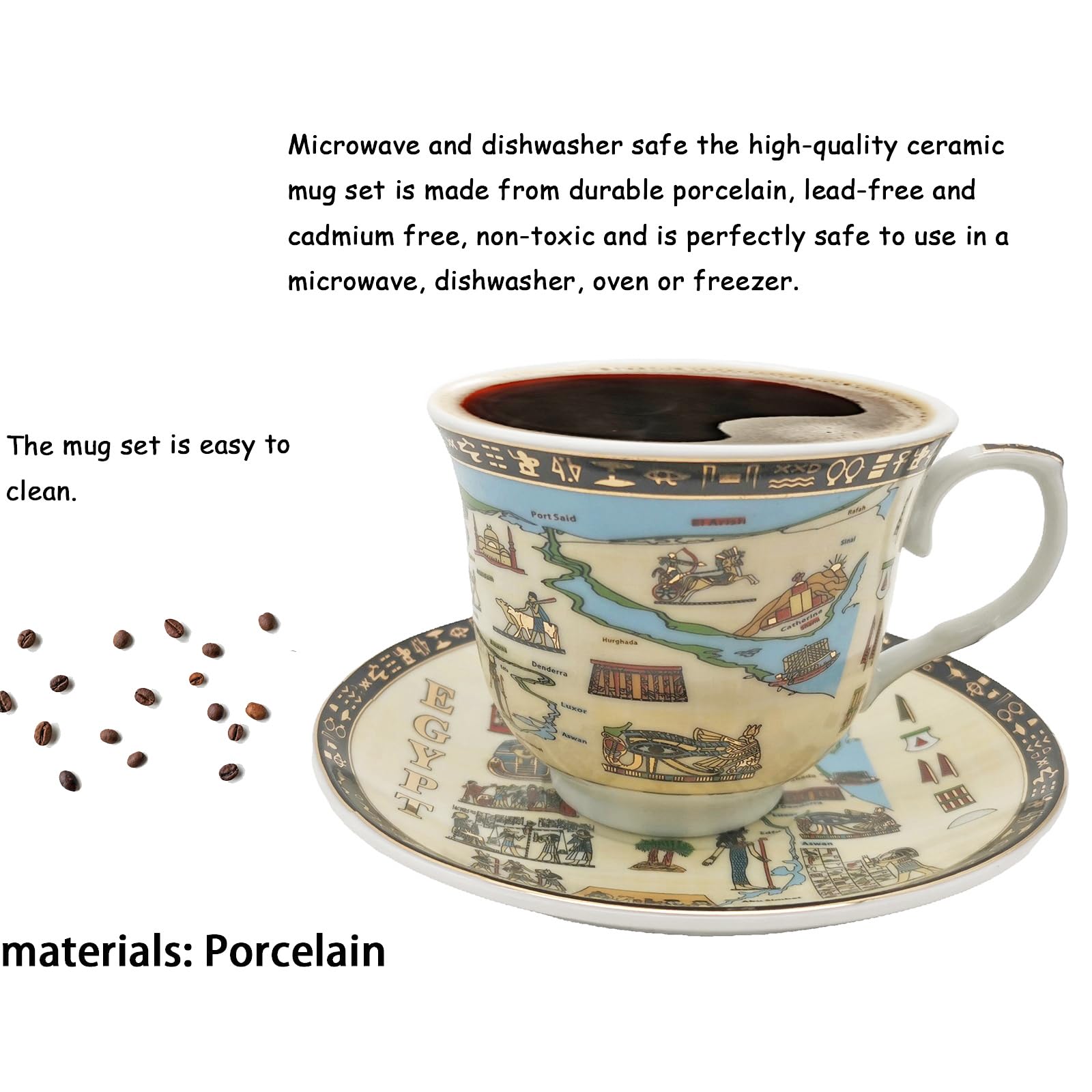 Ensemble Tasses Expresso Égyptiennes Dorées – 100 Ml Céramique + Soucoupe + Cuillère – Design Mythologie Noire & Or – Cadeau Idéal