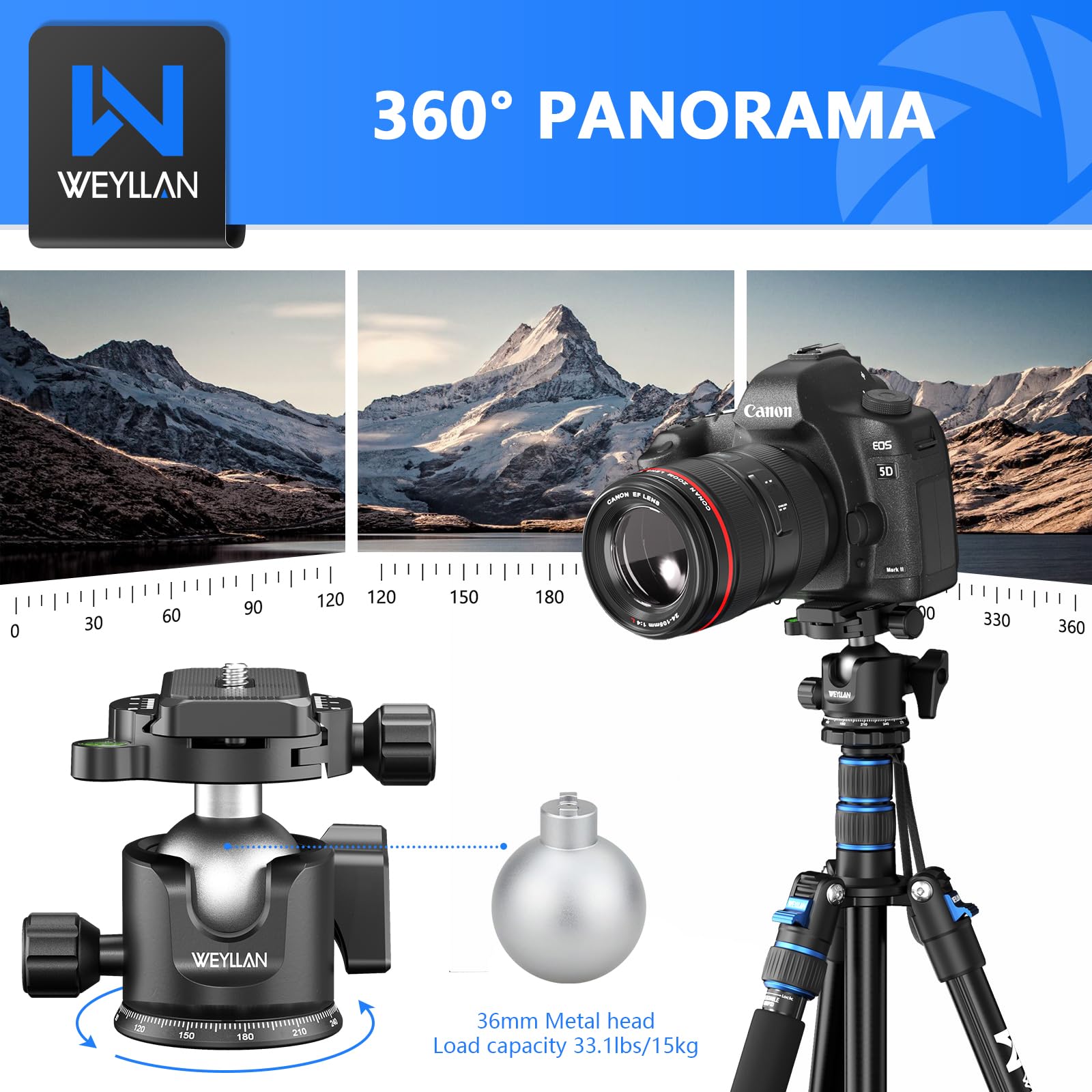 WEYLLAN Kogelkop statief camera, dual panorama, 360 graden kogelkop, laag profiel, statiefkop, video met 2 snelwisselplaten, compatibel met Arca-Swiss, 25 kg draagkracht