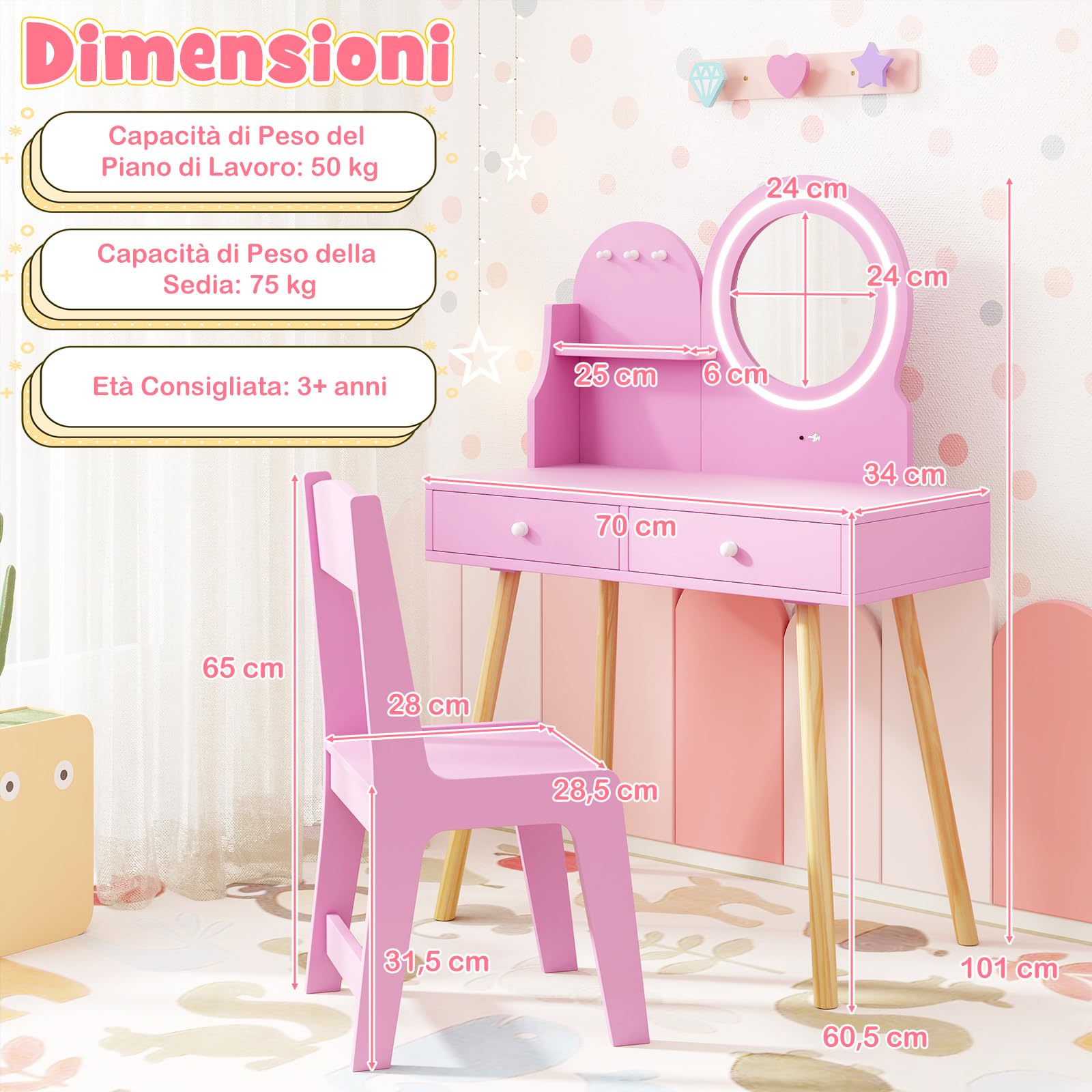 COSTWAY Toeletta Trucco Bambina da Principessa con Specchio Illuminato