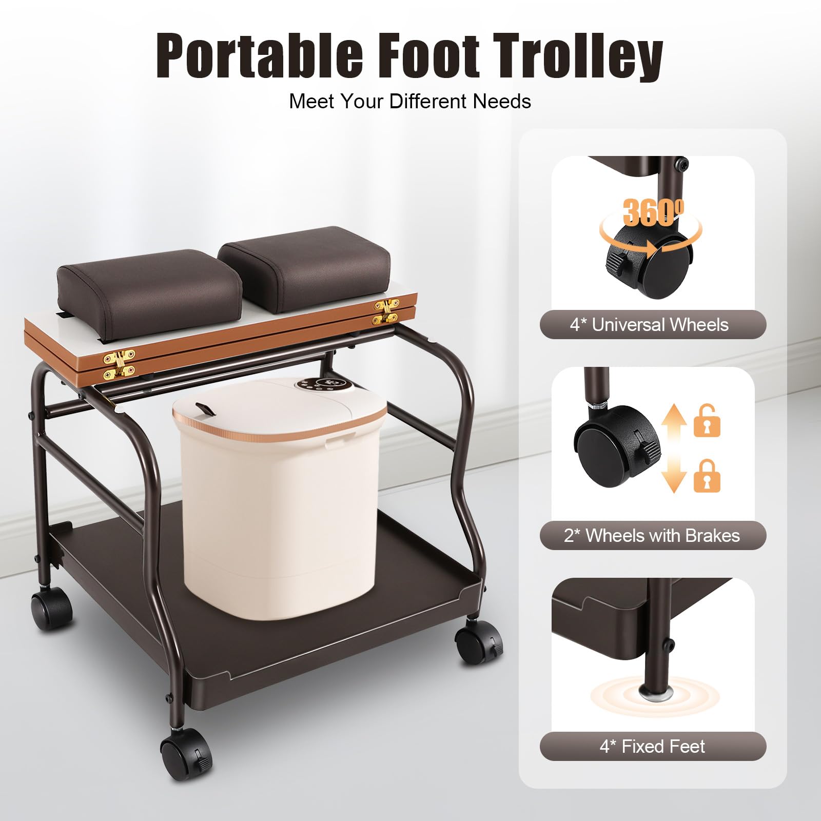Chariot à pieds portable, pour salon de beauté, spa à ongles, esthéticienne, avec 4 roues universelles silencieuses, capacité de charge de 18 kg, pour bains de pieds, pédicure