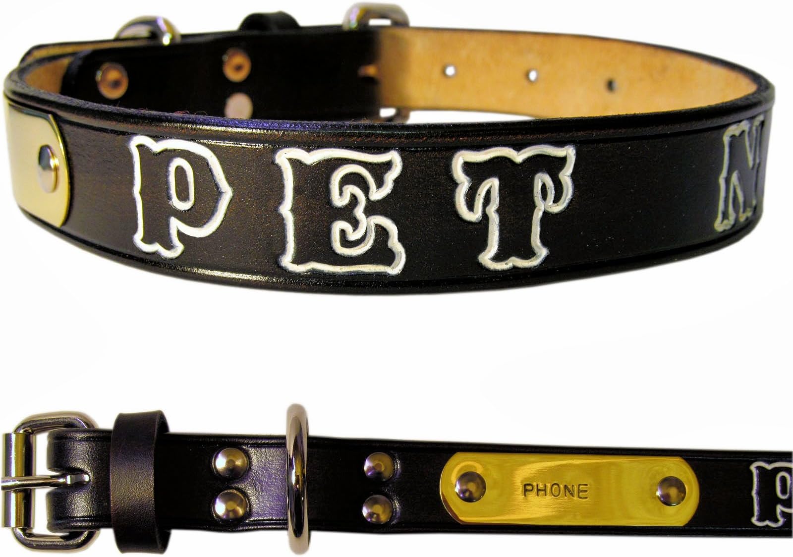 Best Personalized Black Leather Dog Collar with Name Plate ID tag (20 inch Neck Size)