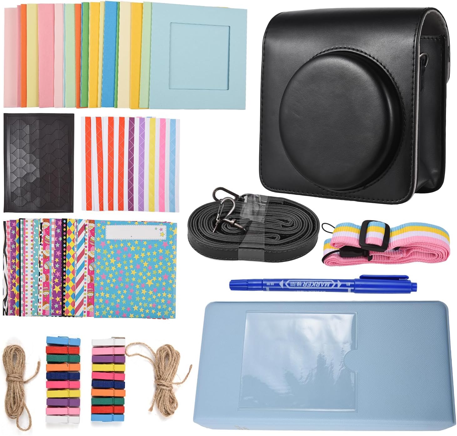Instant Camera Accessories Kit Premium Replacement For Square SQ40 SQ1 Includes PU Leather Camera Bag Strap Photo Album Clips Frames Stickers Pen Display Memories (Black)