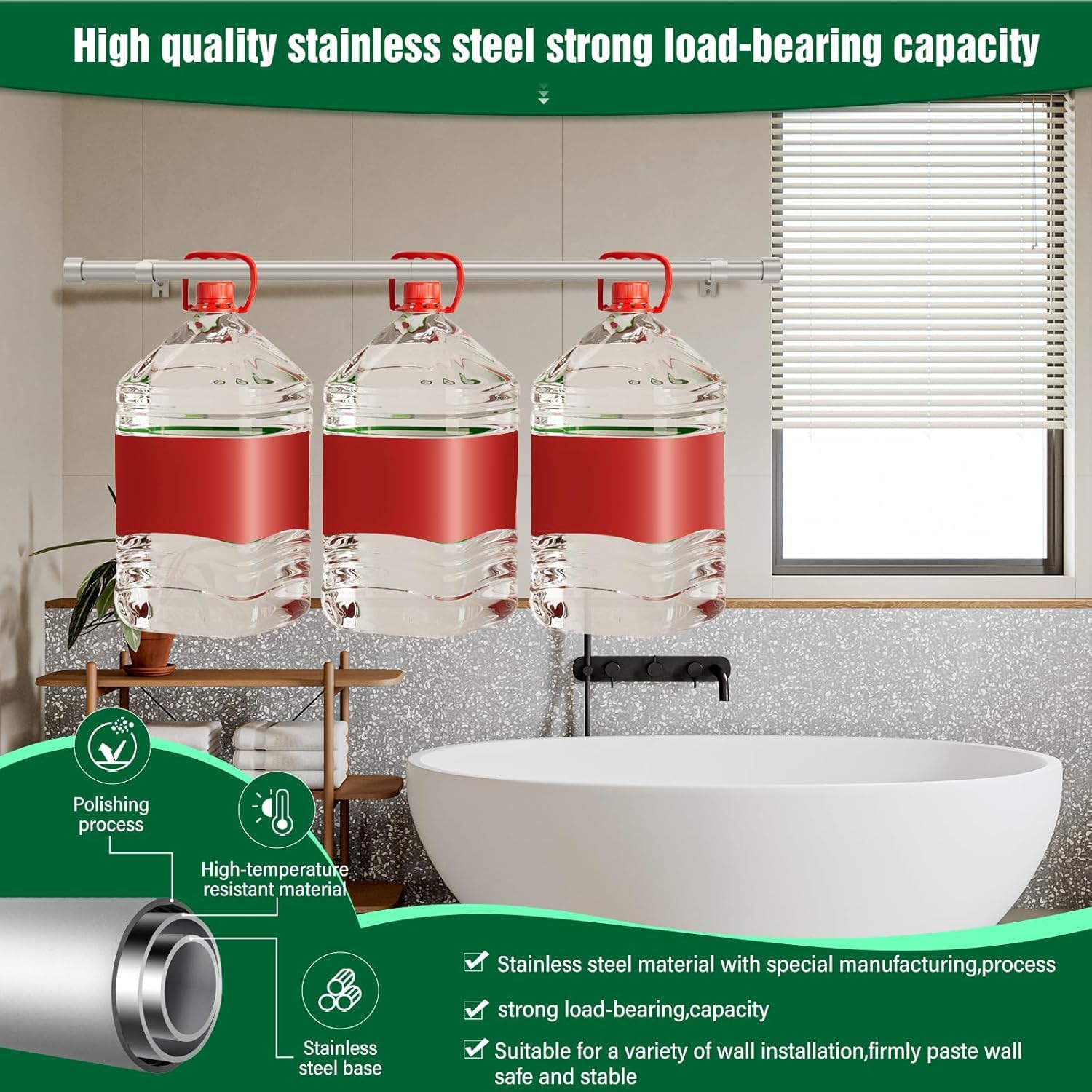 Jialexin Curtain Pole 40-190cm, Silver Stainless Steel Rail with Modern Cylinder Finials - Image 3