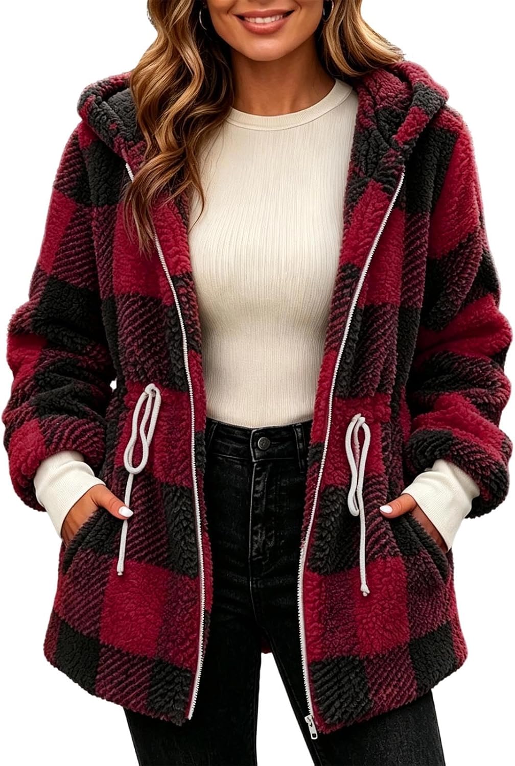 Women's Plaid Fleece Jackets Zip Up Fluffy Winter Coats Outerwear