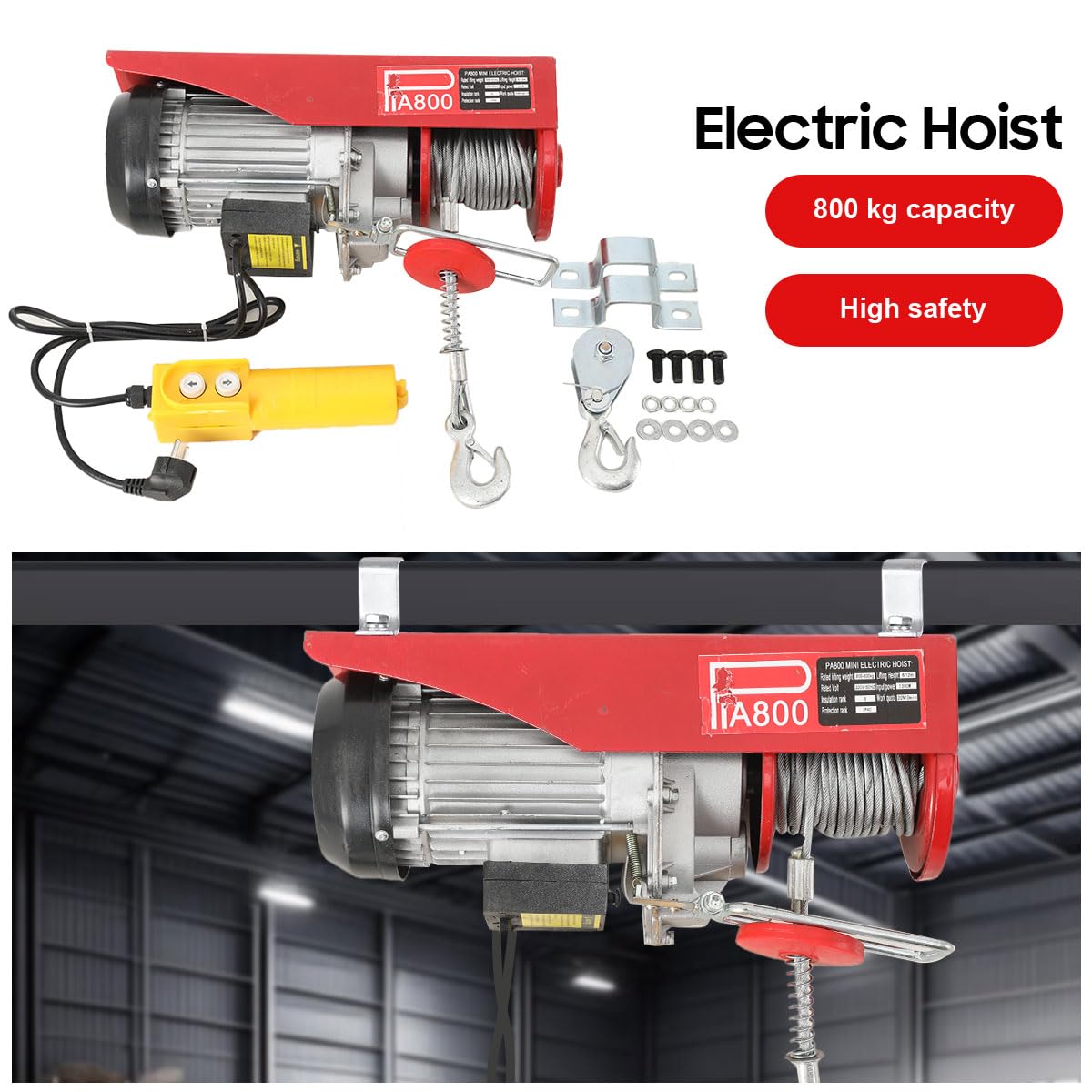 Elektrische Seilwinde, Seilzug Elektrisch 220V 1300W, Doppelseilzug 400 kg/800 kg 12m/6m Hubhöhe, mit Not-Aus & Überhitzungsschutz, Hebezug Motorwinde für Werkstatt Garage Baustelle