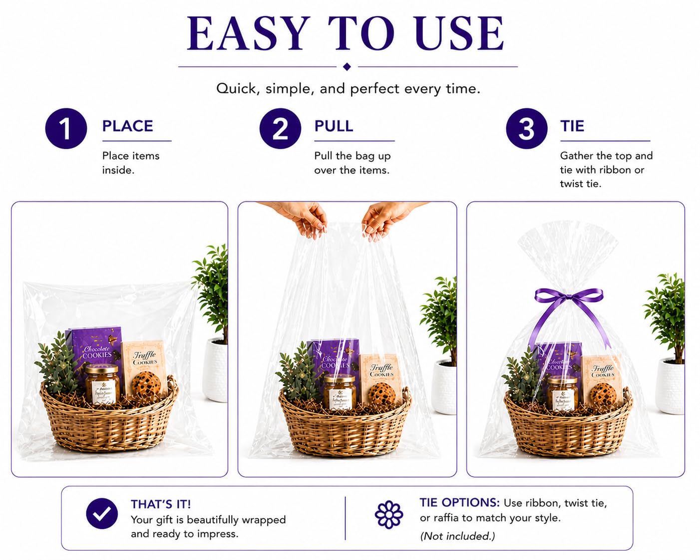 Purple Q Crafts 24" x 30" Cellophane Basket Bags – Pack Of 5 Clear Gift Basket Wrap Bags for Large Baskets, Hampers & Gifts, Extra Large Cello Bags