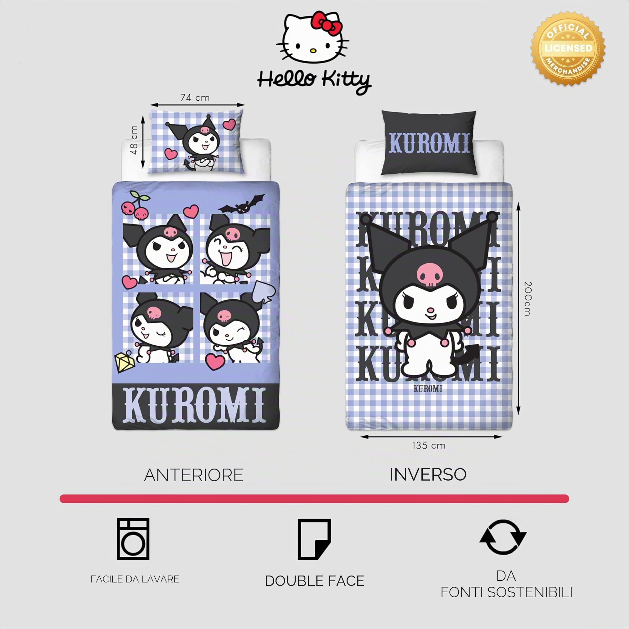Set copripiumino singolo con licenza ufficiale Hello Kitty Rebel Design | Biancheria da letto Kuromi reversibile a 2 lati con federa coordinata | Perfetto per la camera dei bambini | Policotone