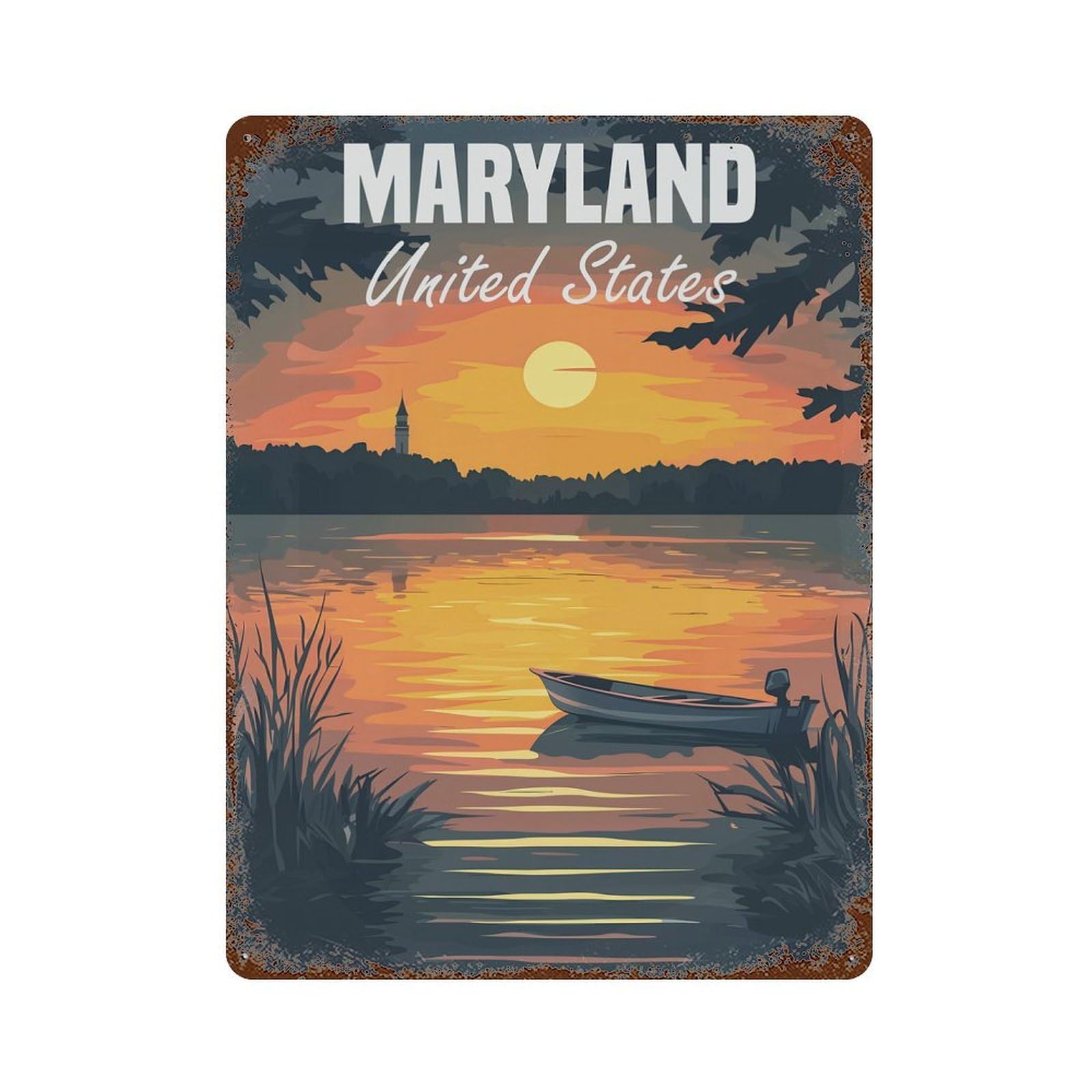 Maryland Sunset Landscape Rusty Metal Tin Sign 15.7"x11.8", Ideal for Farmhouse, Kitchen And Entryway Decor