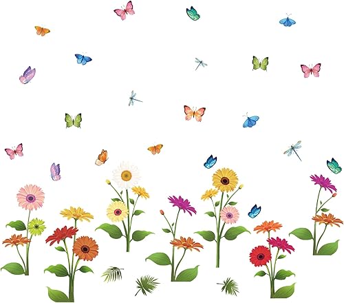 Miniatura 6 de SUPERDANT 2 hojas de calcomanías de pared de flores coloridas hojas y ramitas de PVC autoadhesivas para pared, arte de pared extraíble para