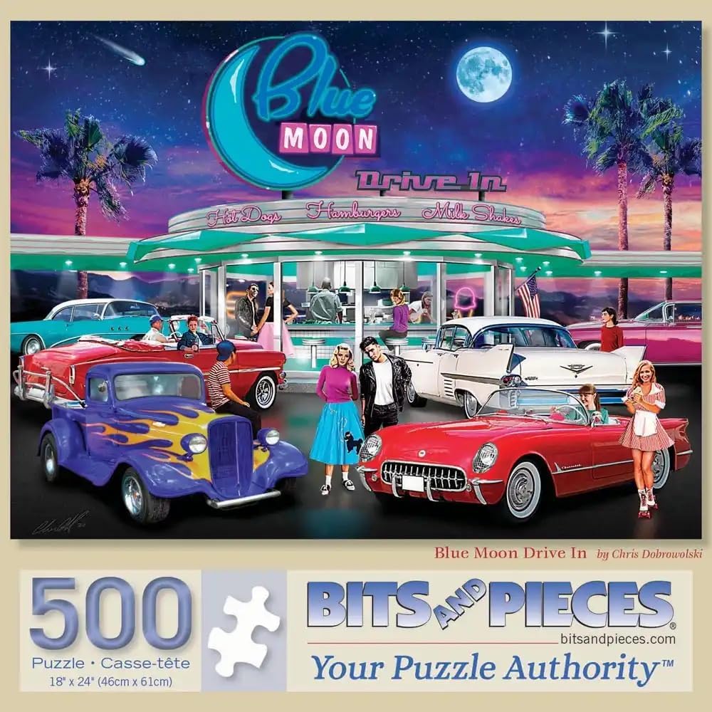 Bits and Pieces – 500 Piece Jigsaw Puzzle for Adults – Blue Moon Drive in - 50's Diner Movie Theater Car Jigsaw Puzzle by Artist Chris Dobrowolski, Completed Puzzle Size: 18" x 24"