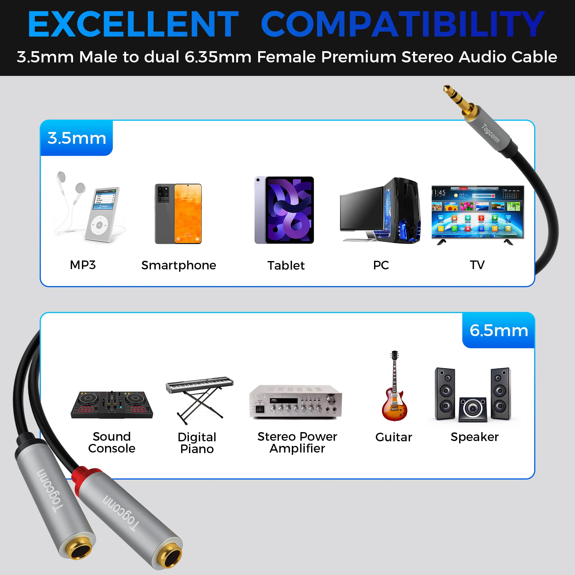 Lot de 2 adaptateurs répartiteurs en Y 3,5 mm vers double 6,35 mm, câble audio stéréo TRS mâle de 3,5 mm vers 2 connecteurs TS mono femelles de 6,35 mm pour téléphone, PC, carte son d'ordinateur