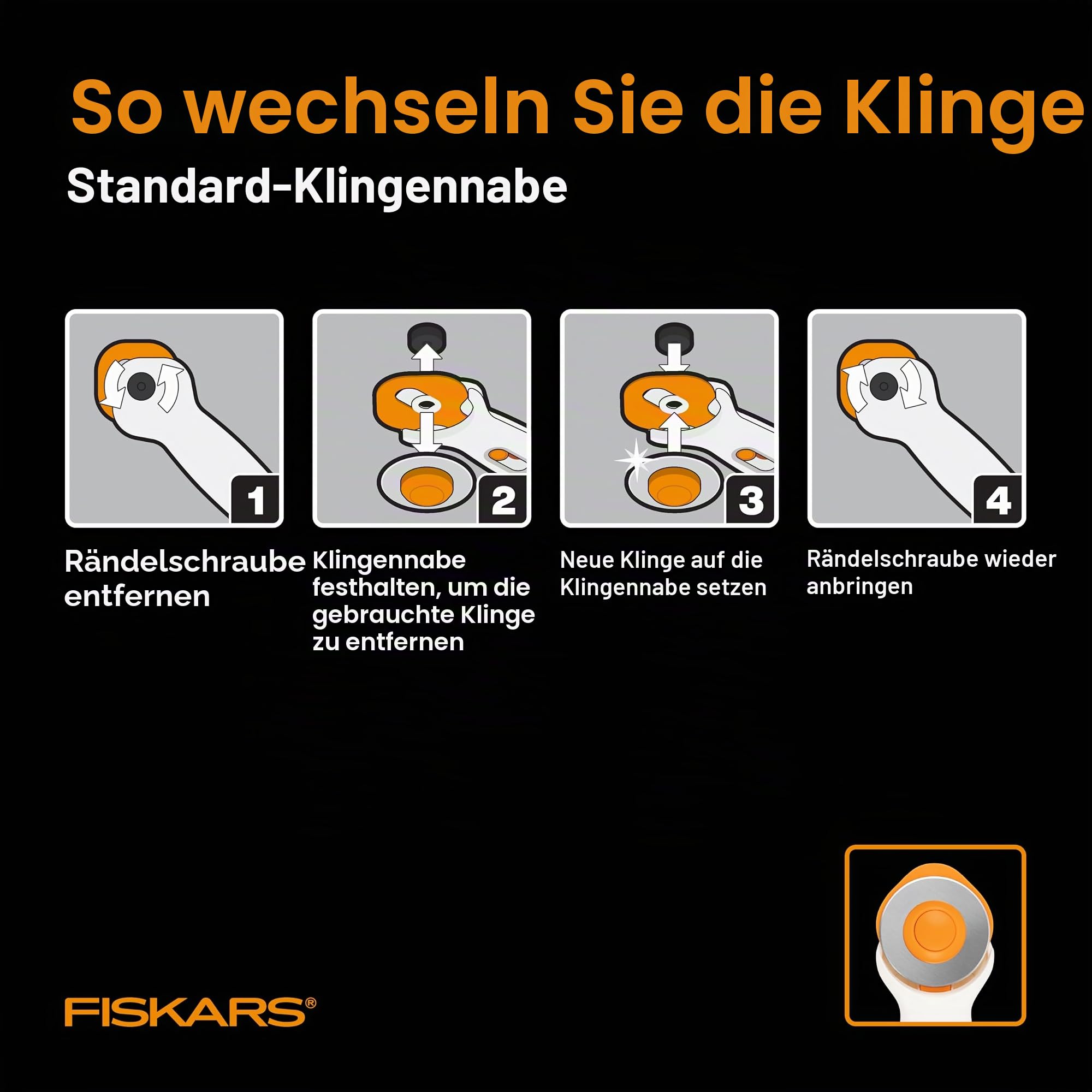 Fiskars Rollschneider für Stoffe mit ergonomischem Griff, Titanklinge für dicke Materialien, sicherer Klingenwechsel, Nähzubehör und Quilt-Werkzeug, 60 mm