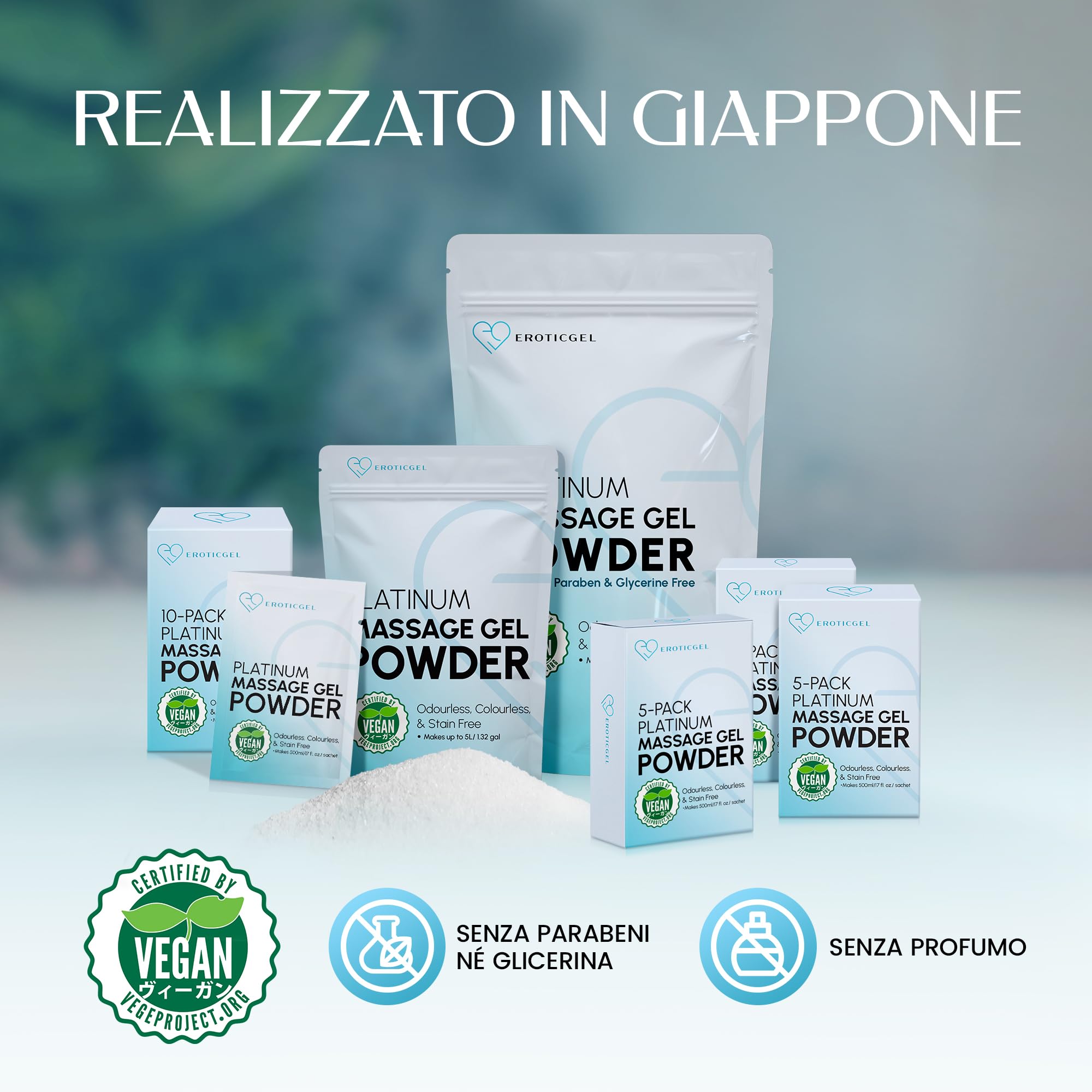 Polvere Gel da Massaggio Nuru Edizione Platinum 500g Bulk Professionale, Formula Neutra, Miscele Personalizzate, Stile Giapponese, Vegano, Senza Profumo, Resa fino a 50 Litri