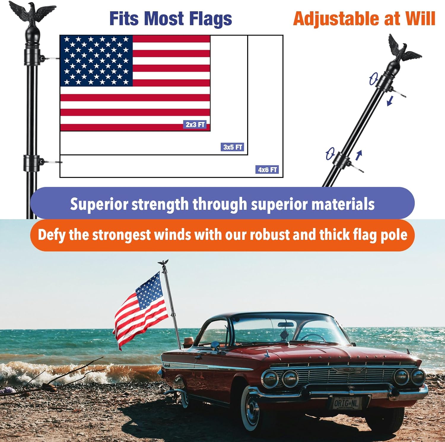Flag Win 6FT Flag Pole Kit for House with Holder Bracket, Upgrade Stainless Steel Tangle Free Flagpole, Heavy Duty House Flag Pole Kit for 3x5 American Flag for Outside Porch,Outdoor,Boat (Black) - Image 4