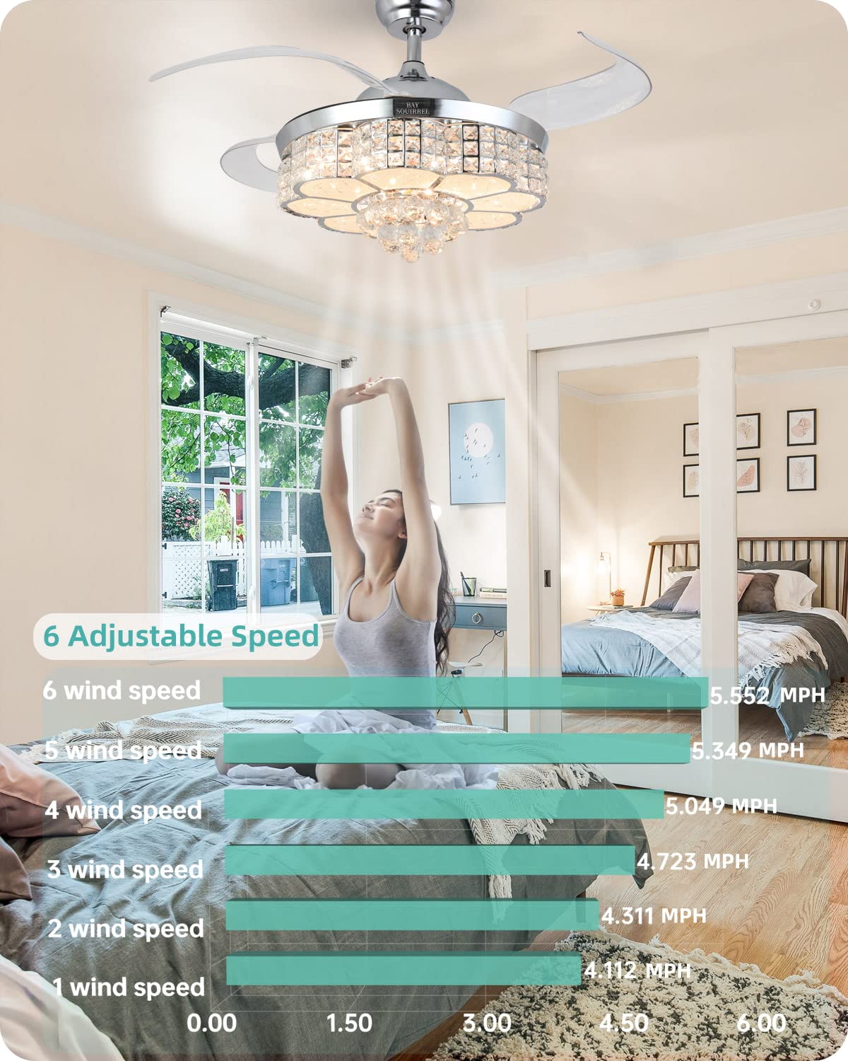 BAYSQUIRREL Retractable Crystal Ceiling Fan with Light, Remote and APP Control, 6 Speeds Reversible Blades, 3-Color LED Dimmable Chandelier Ceiling Fan with Color Temperature Memory 36W 42in