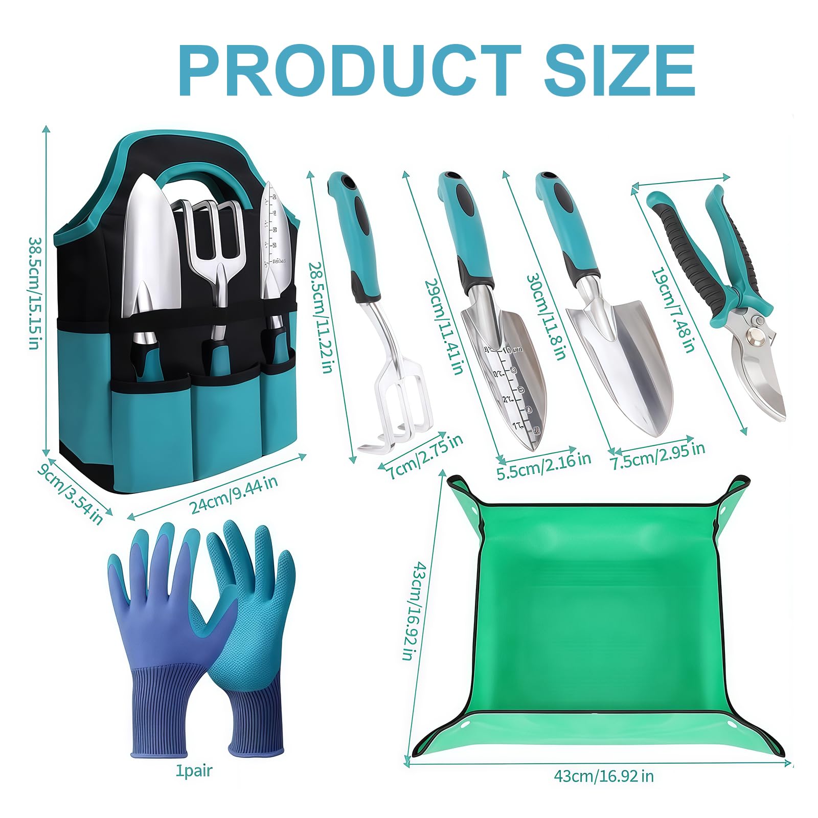 Kit Giardinaggio Completo 7 Pezzi in Alluminio Anti-Ruggine con Tappetino Rinvaso 75x75cm e Borsa 600D Oxford,Set Attrezzi da Giardino Professionali per Orto e Piante,Regalo Giardinaggio Donna Uomo