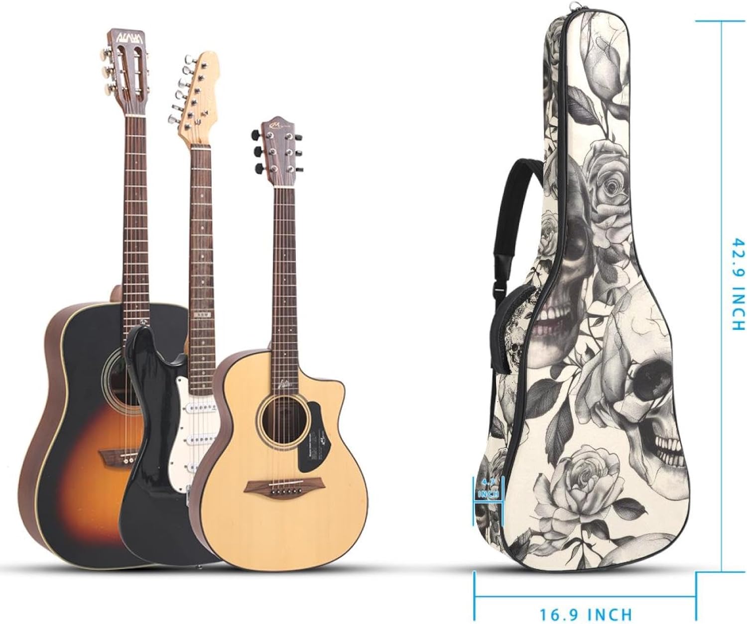 Acoustic Guitar Bag 0.4 Inch Thick Padding Waterproof Guitar Case Gig Bag for 40 41 42 Inch Electric Bass Classical Guitar, Vintage Retro Skulls Doodle Pattern